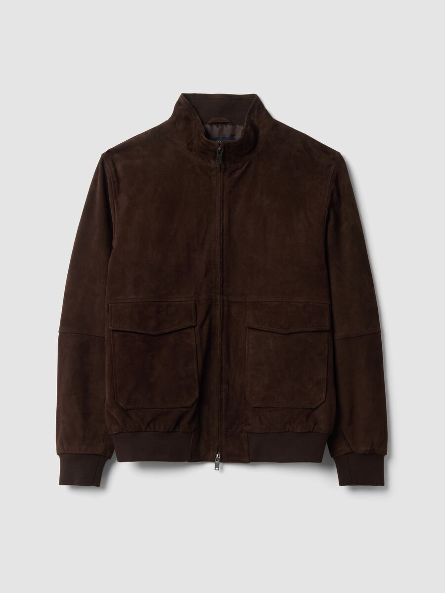 Brown genuine leather bomber jacket with zip_0