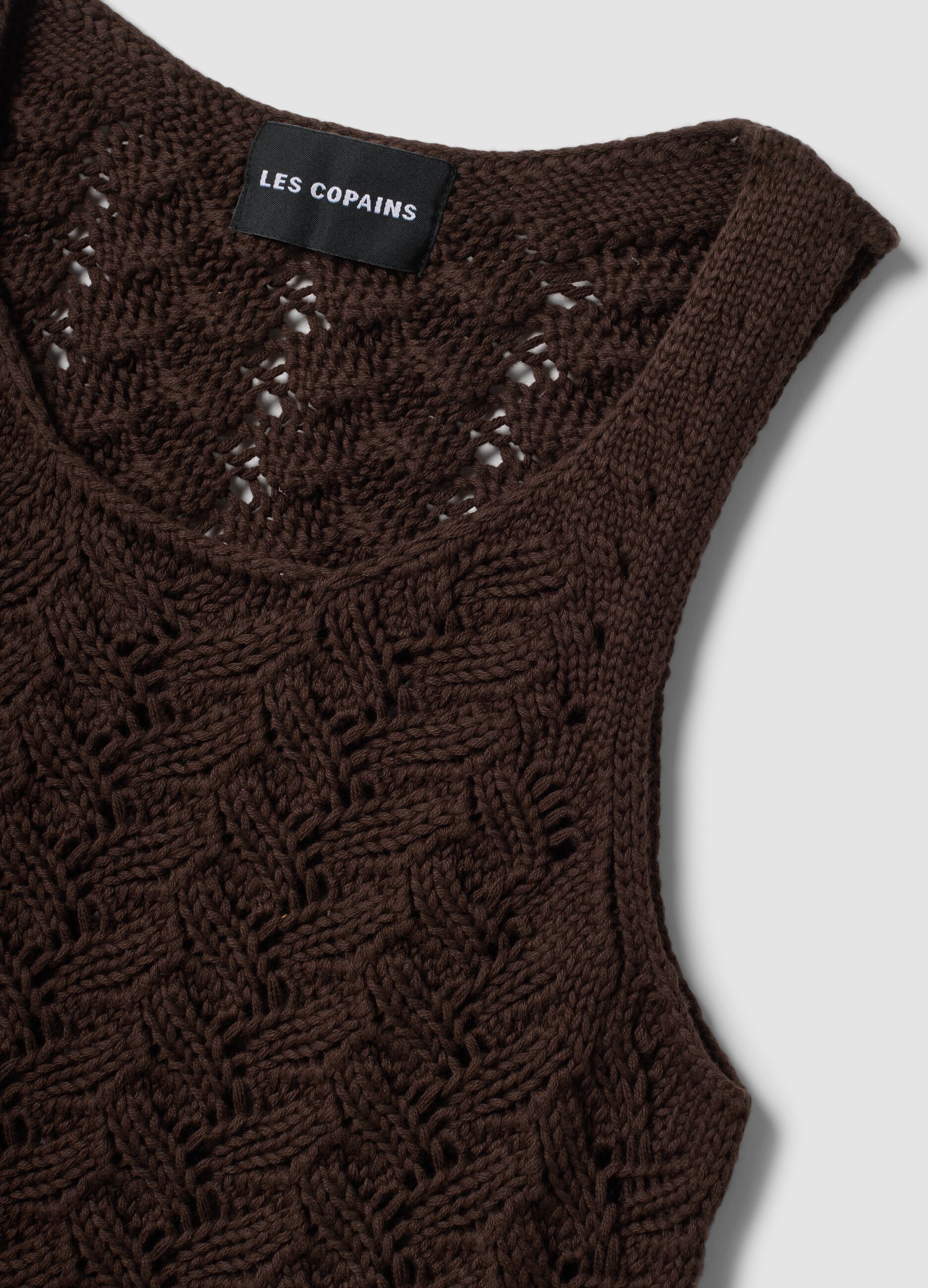 Tank top marrone in crochet di puro cotone