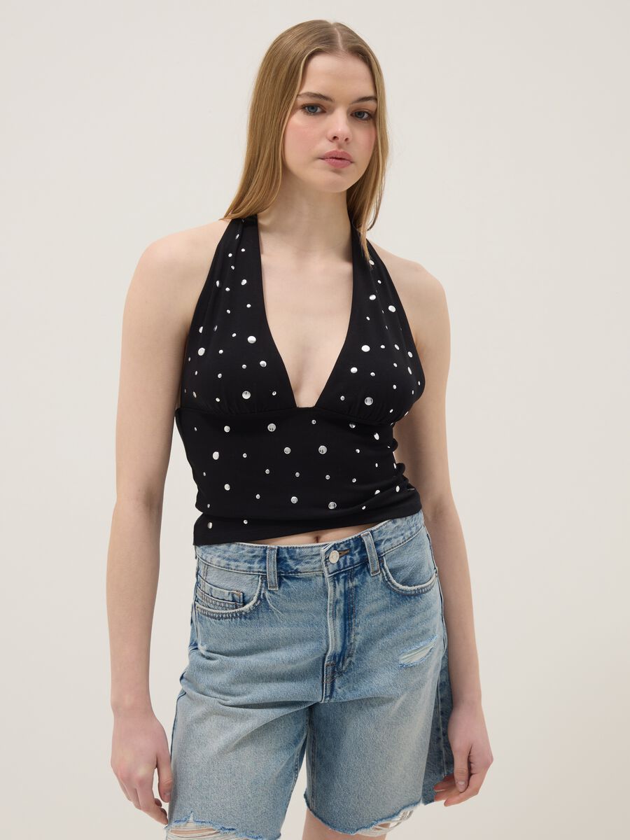 Schwarzes Regular-Fit-Tanktop aus Stretch-Baumwolle mit tiefem Ausschnitt_1