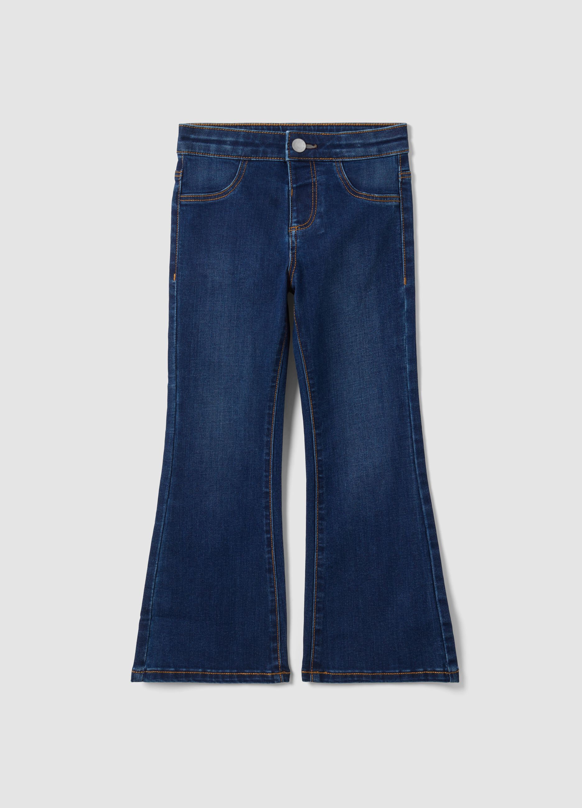 Jeans blu flare in cotone e viscosa elasticizzata per bambina