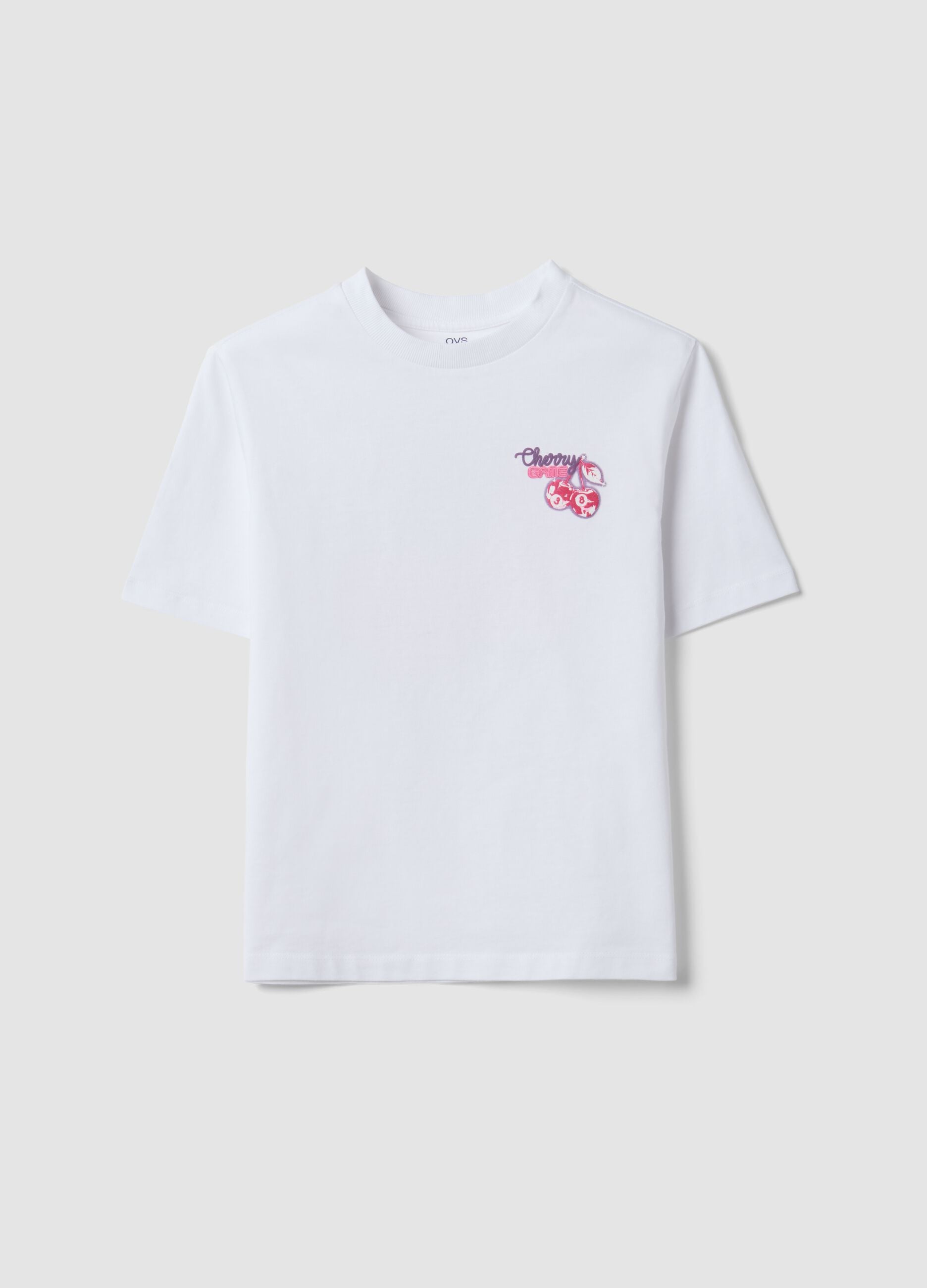 T-shirt bianca in puro cotone con collo a costine e stampa ciliegie