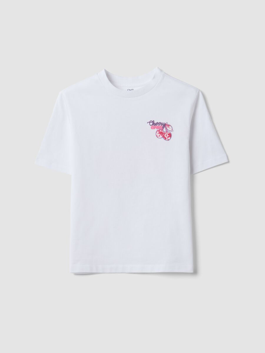 T-shirt bianca in puro cotone con collo a costine e stampa ciliegie_0