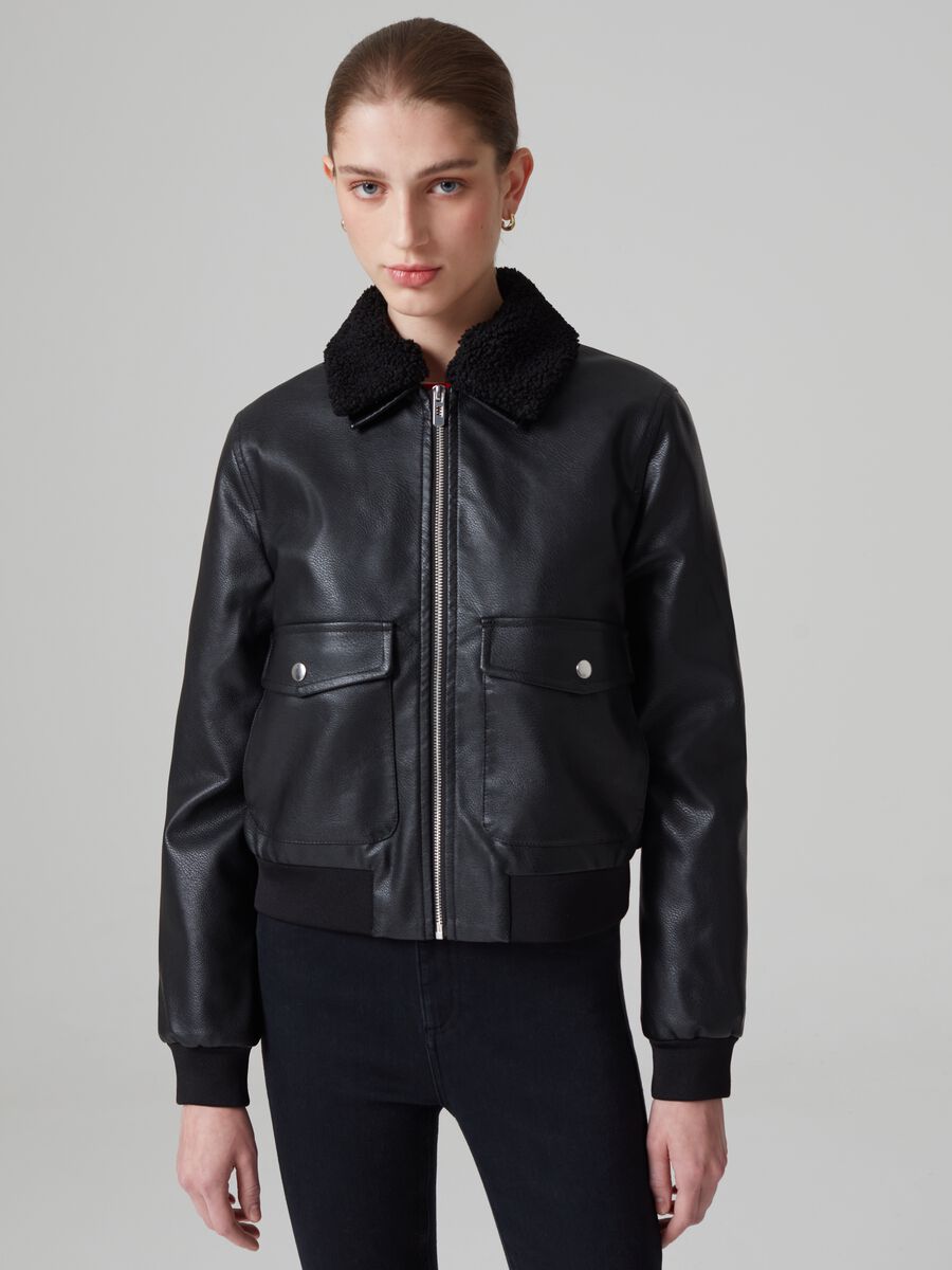 Glossy-effect Bomber jacket with sherpa collar_0