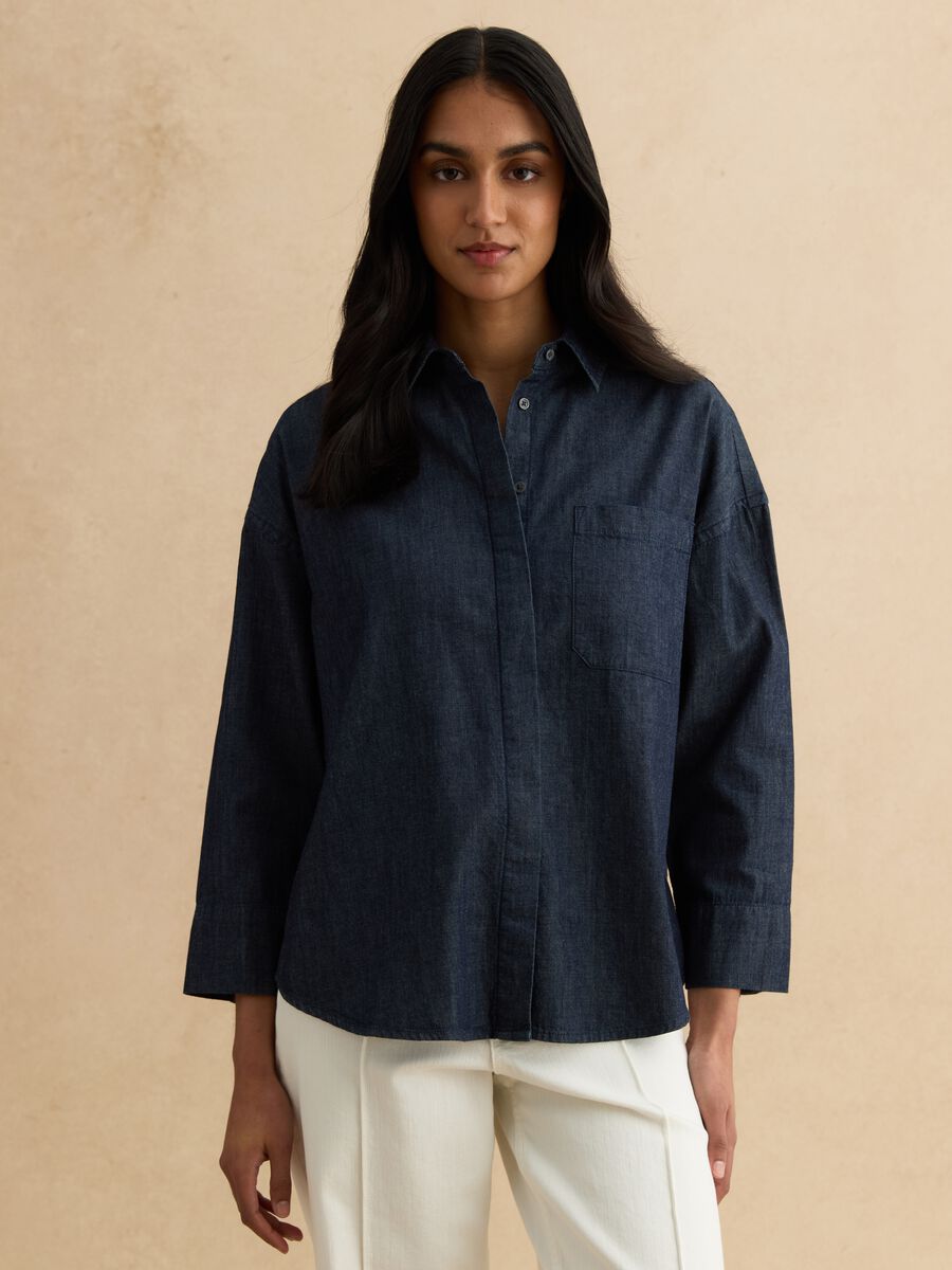 Oversized fit long shirt in pure blue denim cotton_0