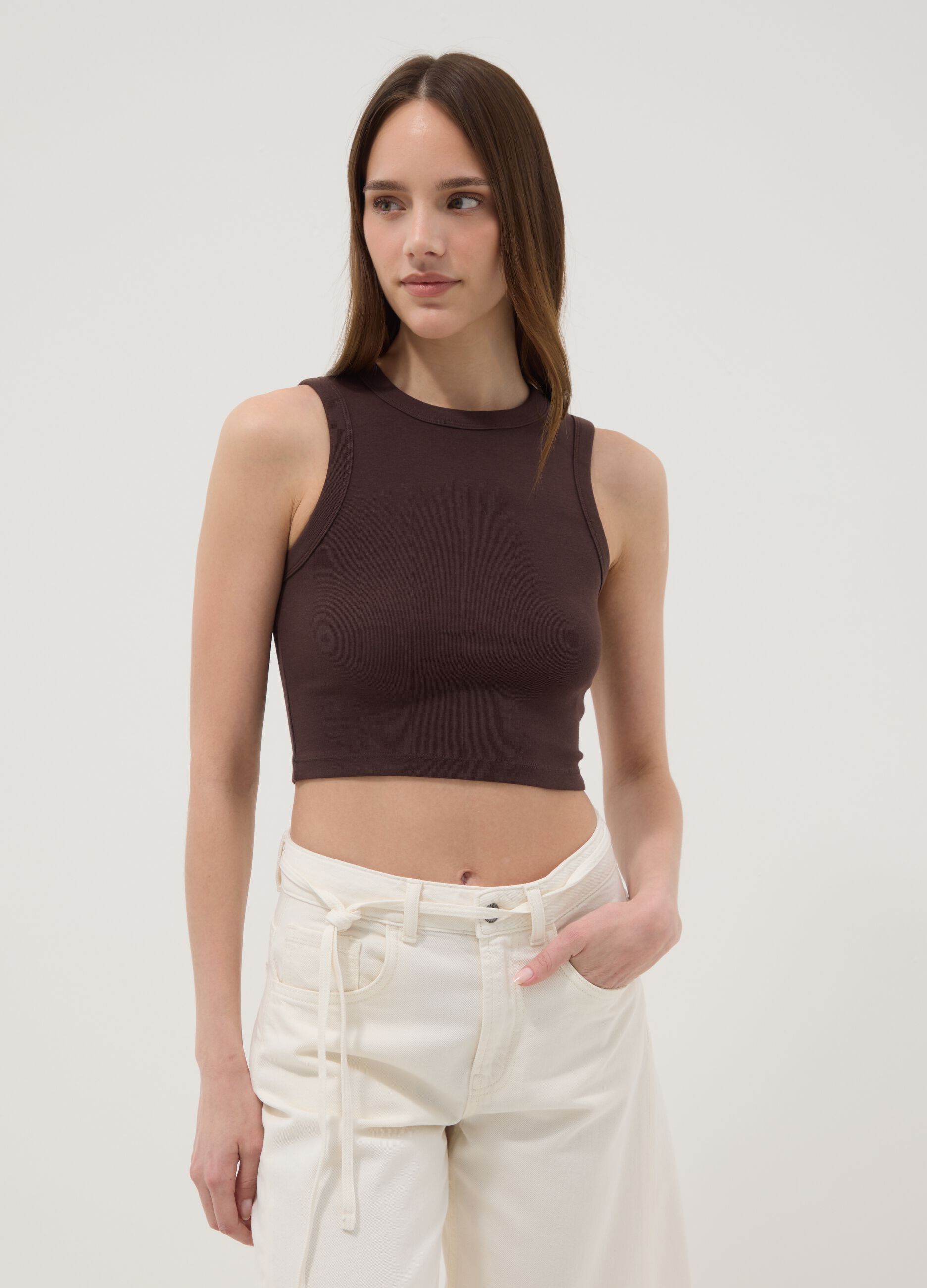 Braunes Crop-Top aus elastischer Baumwolle