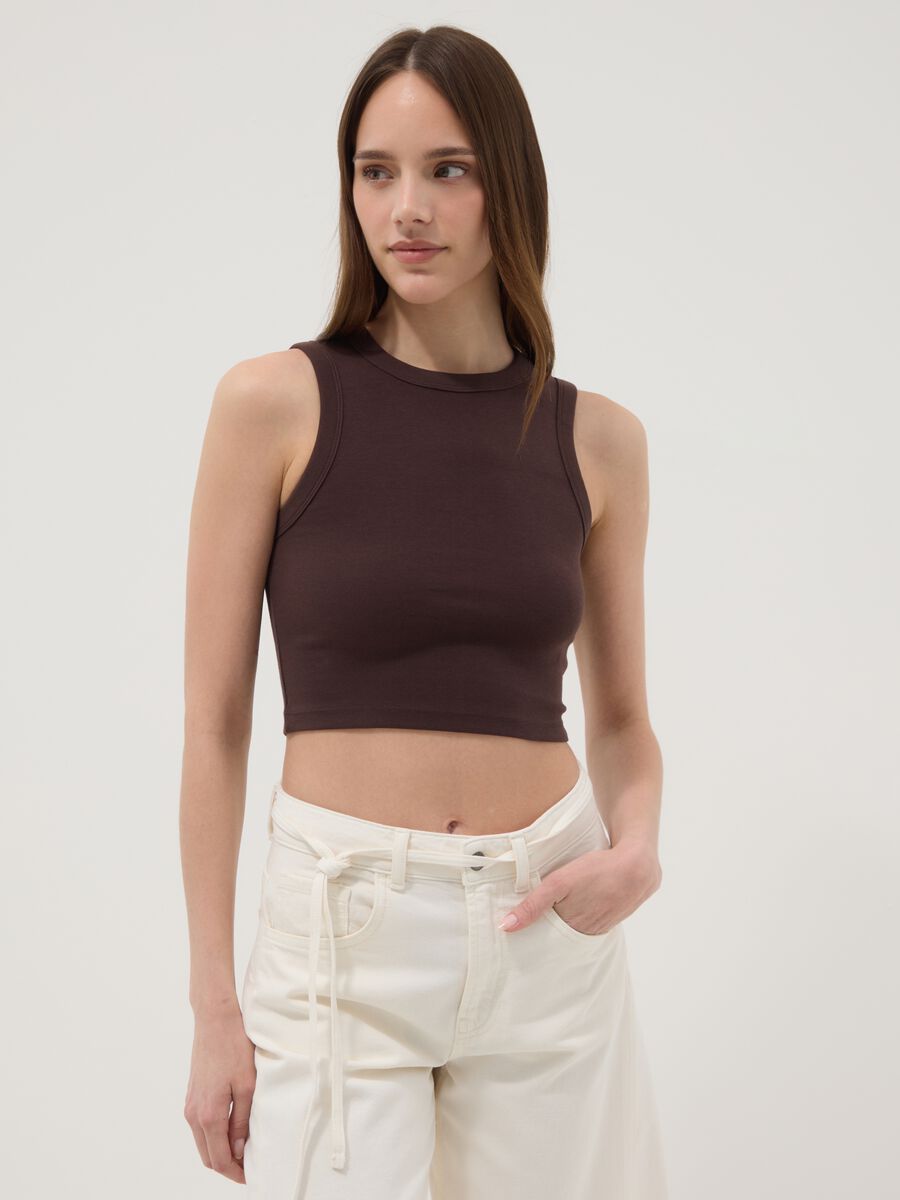 Braunes Crop-Top aus elastischer Baumwolle_1