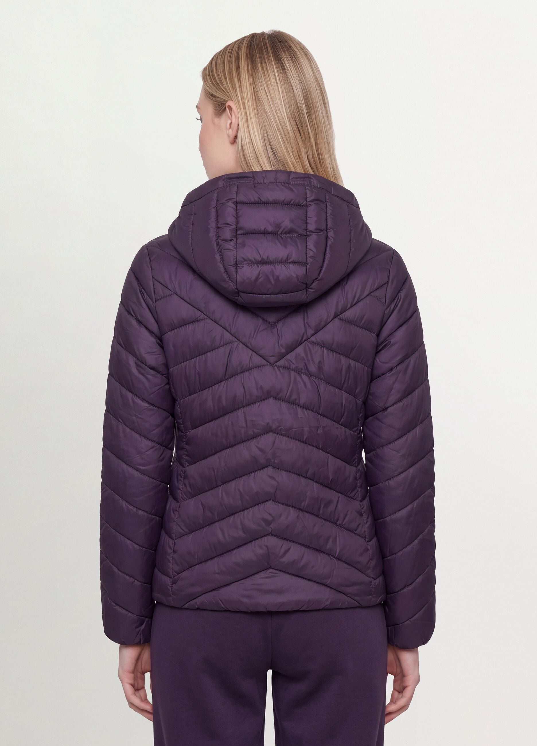 Casaco Ultralight roxo acolchoado com capuz e fecho de correr