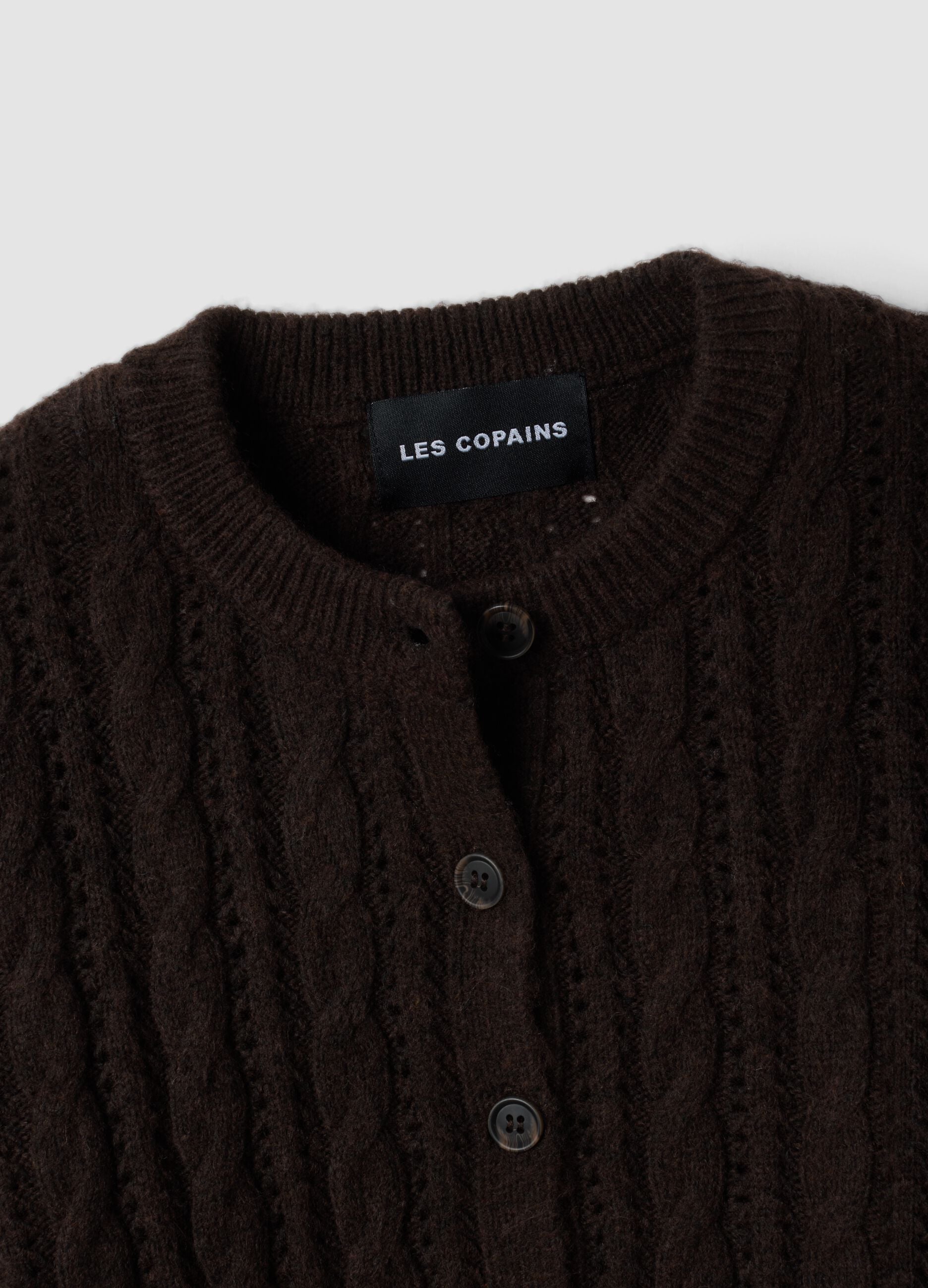 Brown cable-knit wool-blend cardigan