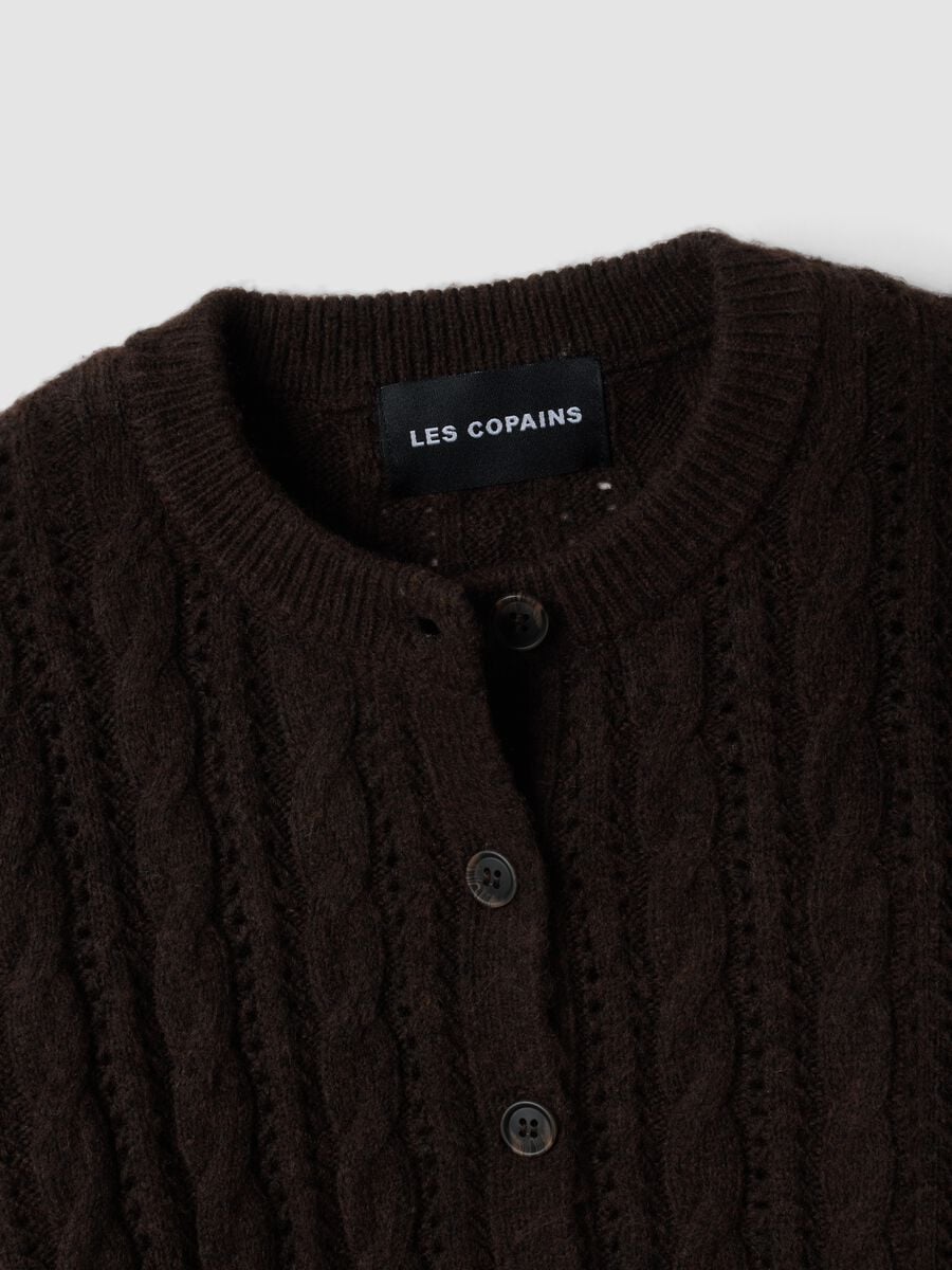 Brown cable-knit wool-blend cardigan_1