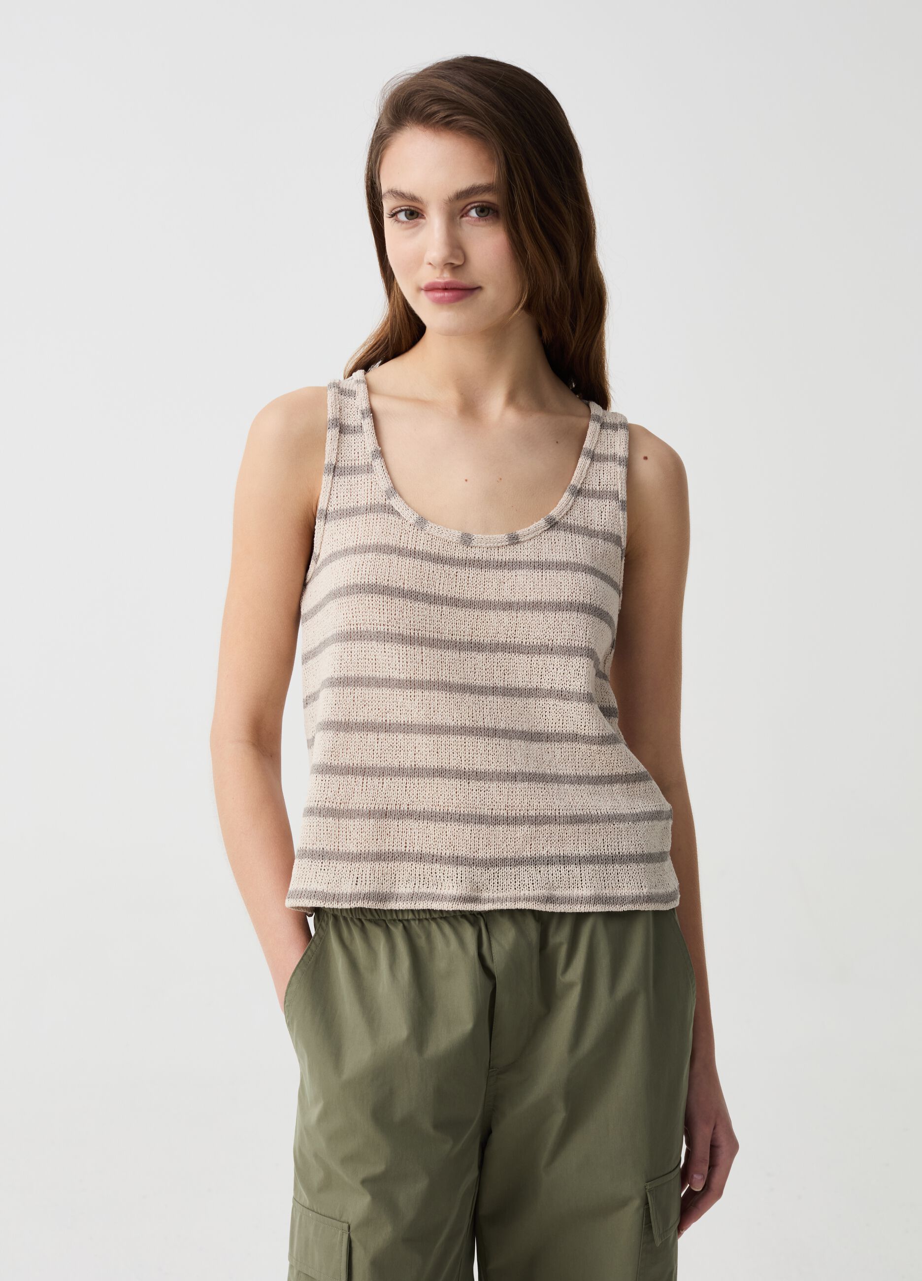 Striped knitted-effect tank top