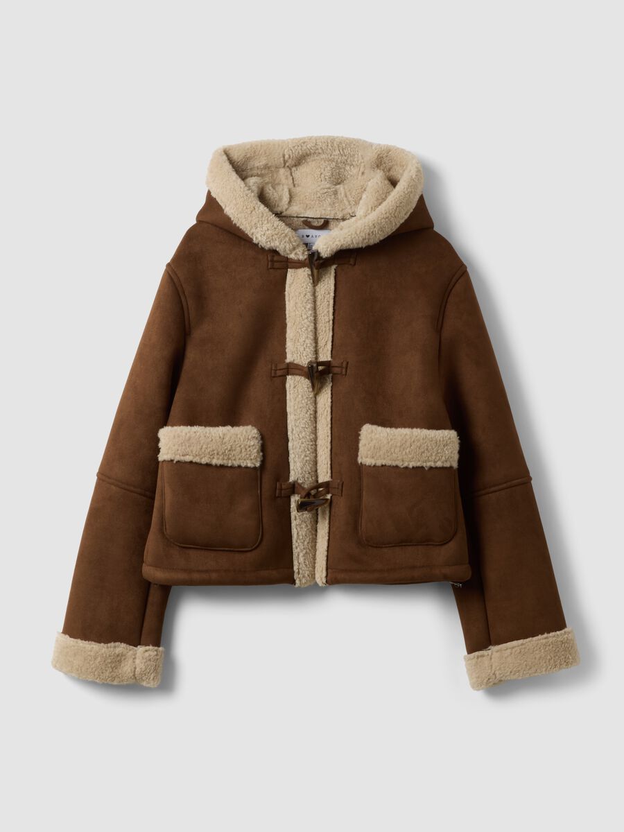 Brown stretch-fabric shacket with hood_0