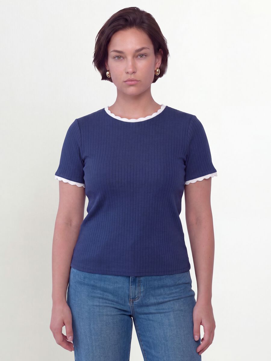 Blue stretch viscose crew-neck T-shirt with contrast trim_1