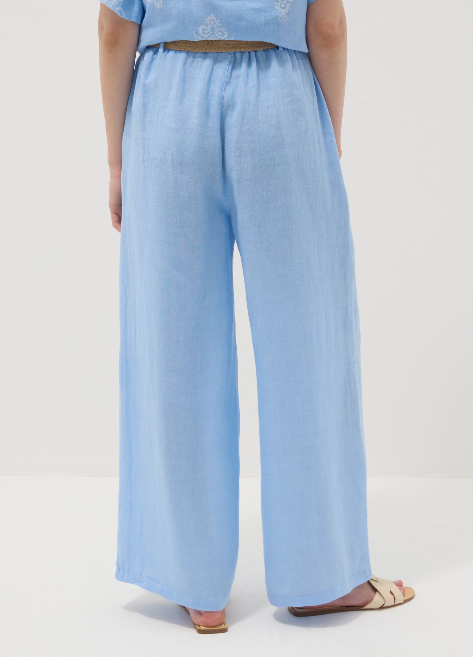 Hellblaue Wide-Leg-Hose aus reinem Leinen mit elastischem Bund