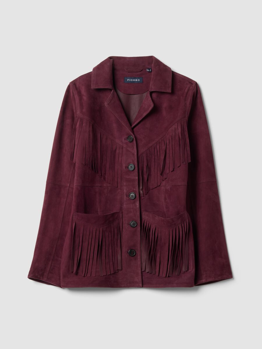 Blazer rojo de piel aut&eacute;ntica con flecos, corte regular_1