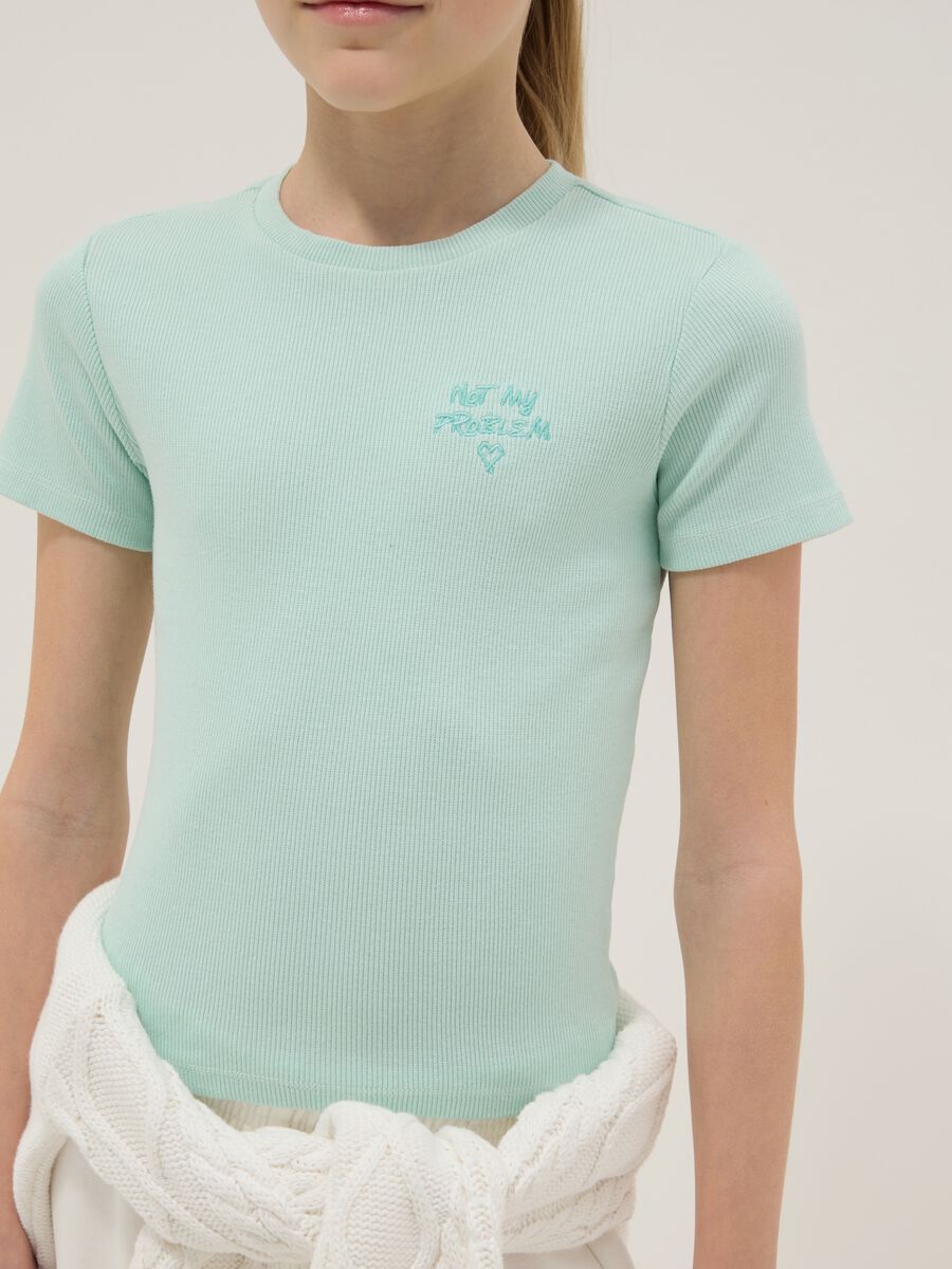 Blue fitted cotton stretch T-shirt for girls with embroidery_2