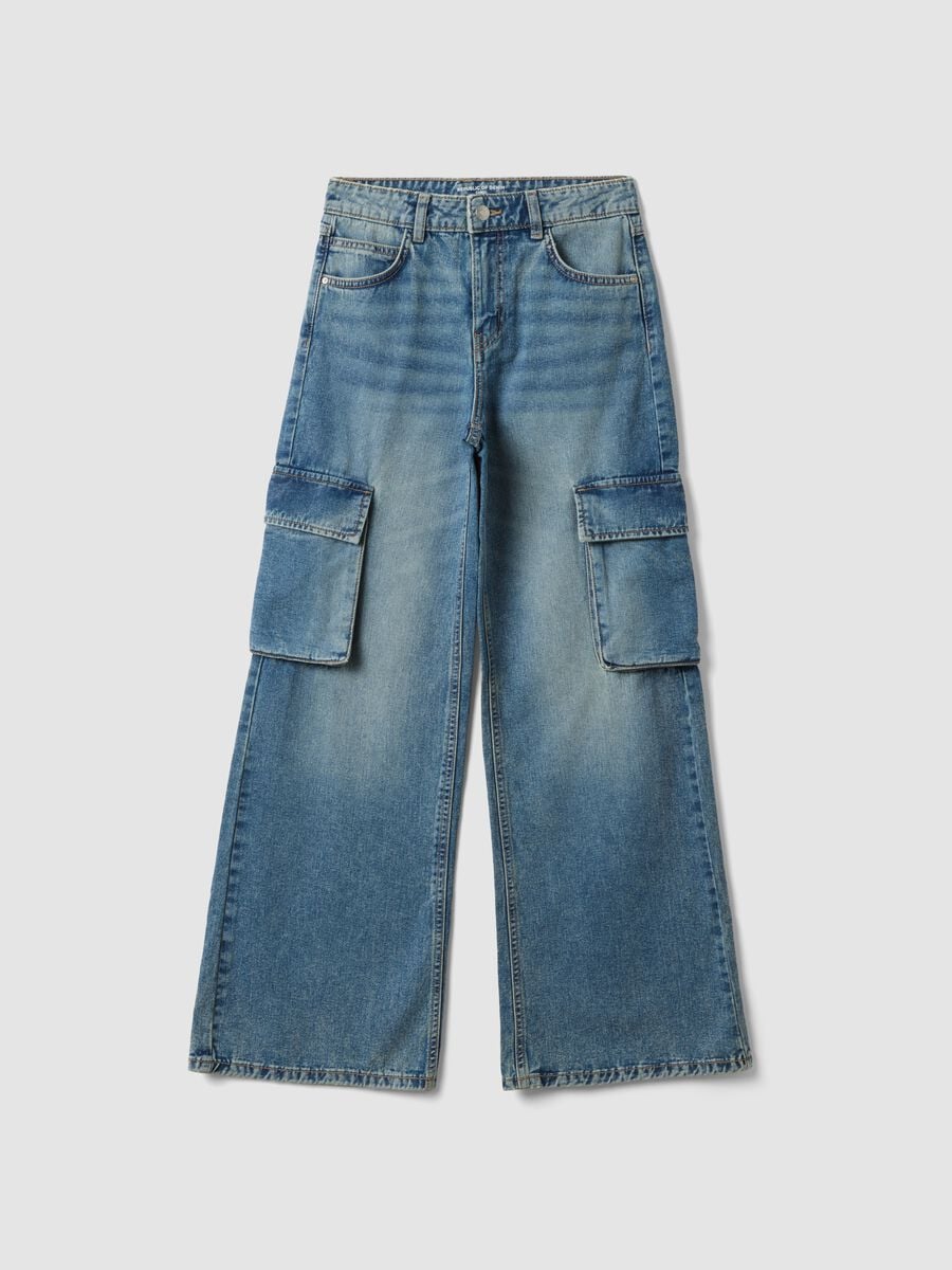 Blue pure cotton denim cargo jeans, relaxed fit for girls_3
