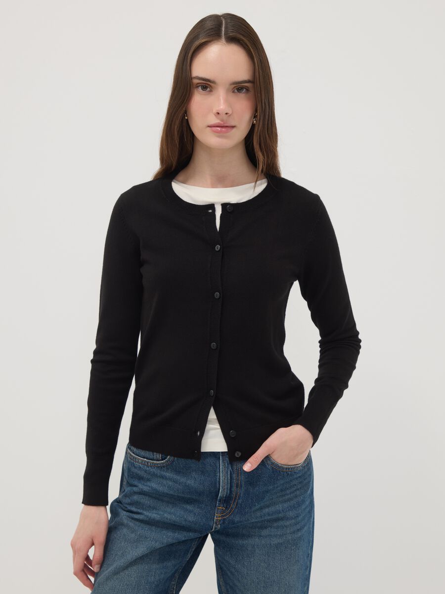 Crna kardigan pulovera okruglog ovratnika, regular fit u pletivu jersey_0