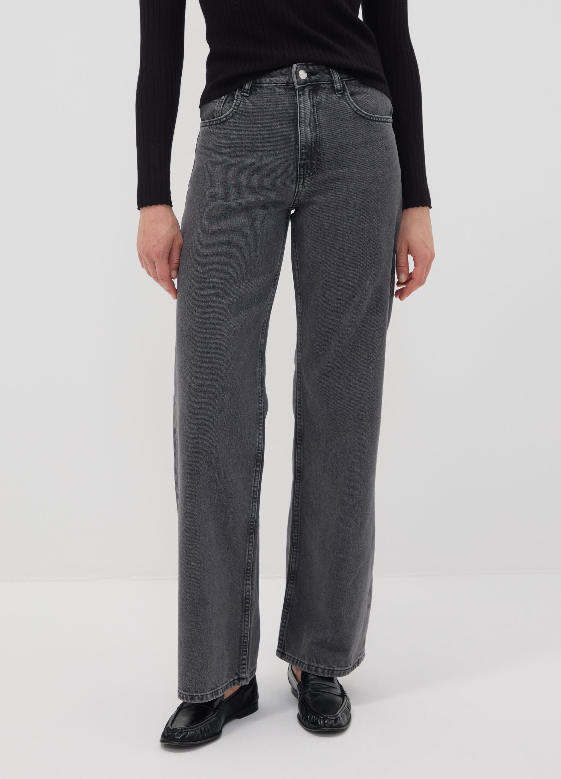 Grey pure cotton wide-leg high-waisted denim jeans