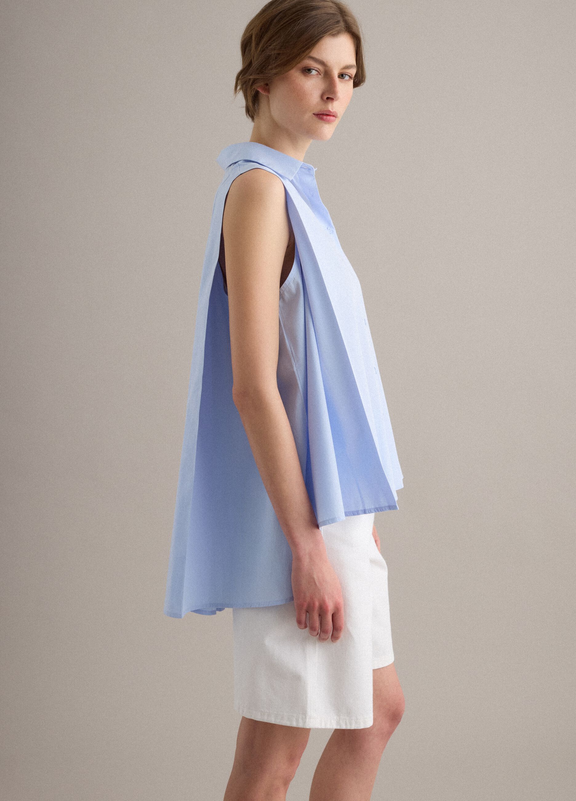 Sleeveless light-blue pure cotton shirt