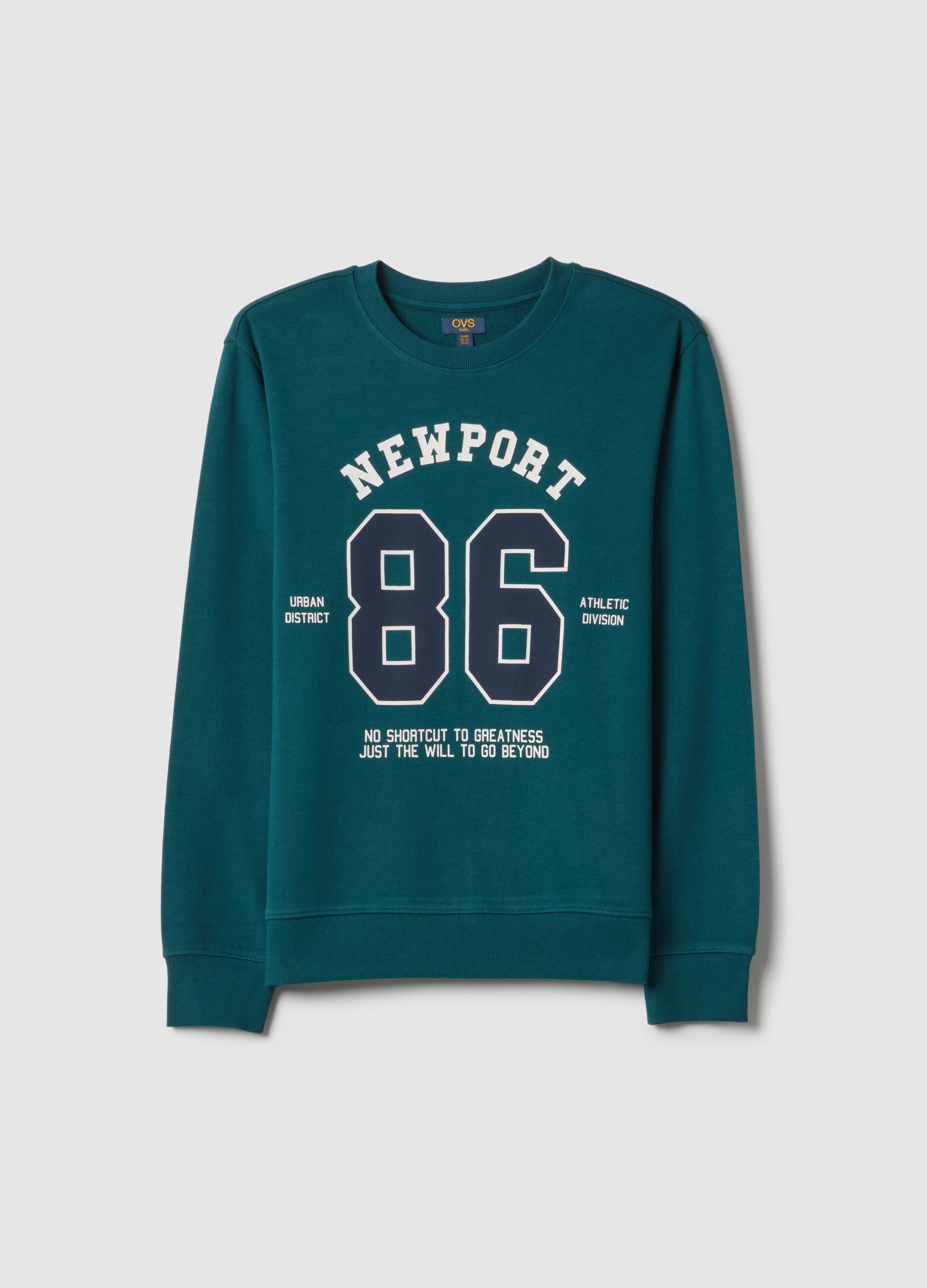 Sweatshirt verde de gola redonda para rapazes em puro algod&atilde;o, corte regular com impress&atilde;o