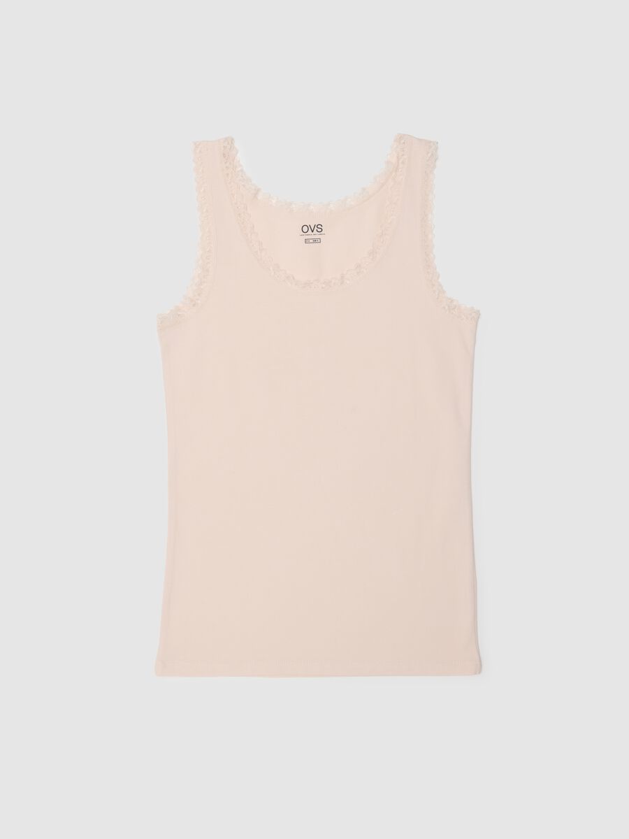 Beige regular fit stretch cotton vest with lace trim_0