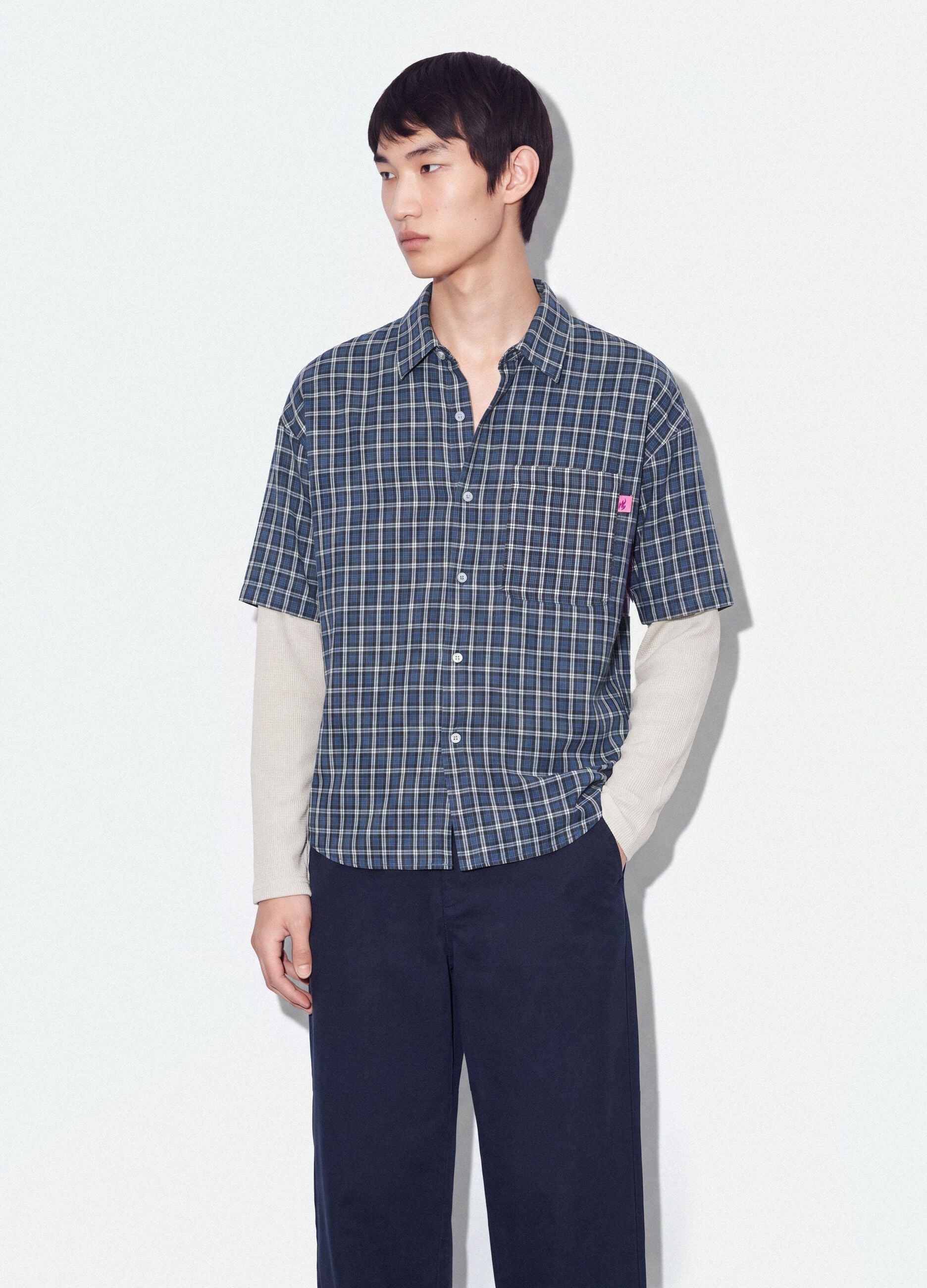 Blue cropped pure cotton checked shirt with layered double sleeves, oversized fit