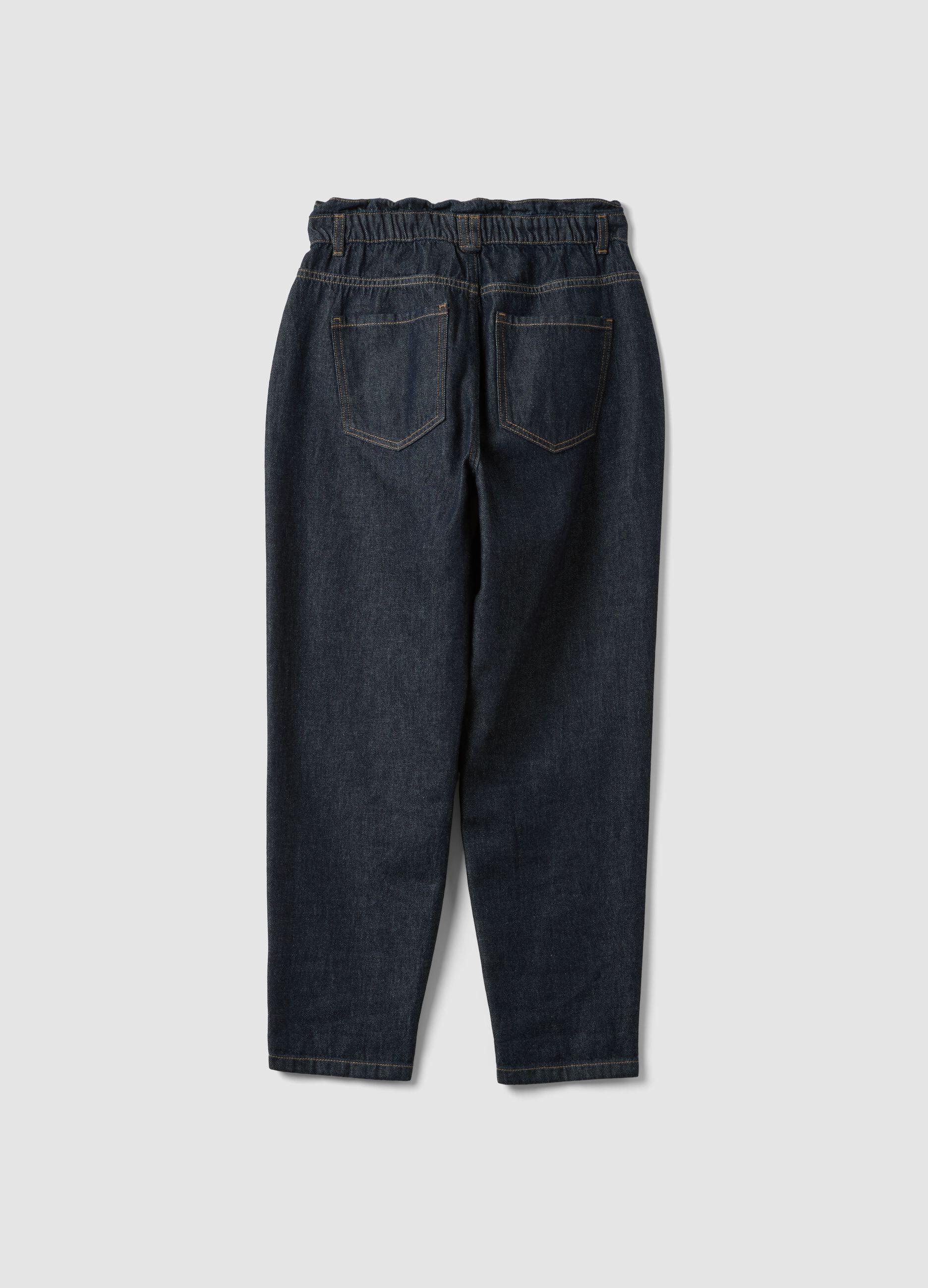 Blue denim baggy-fit pure cotton jeans with paper-bag waist