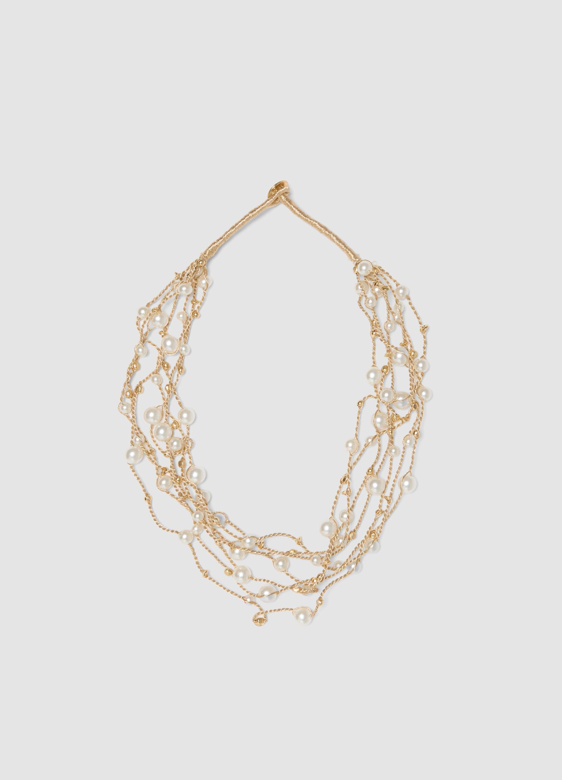 Beige Necklace with Pearls and Braided Threads