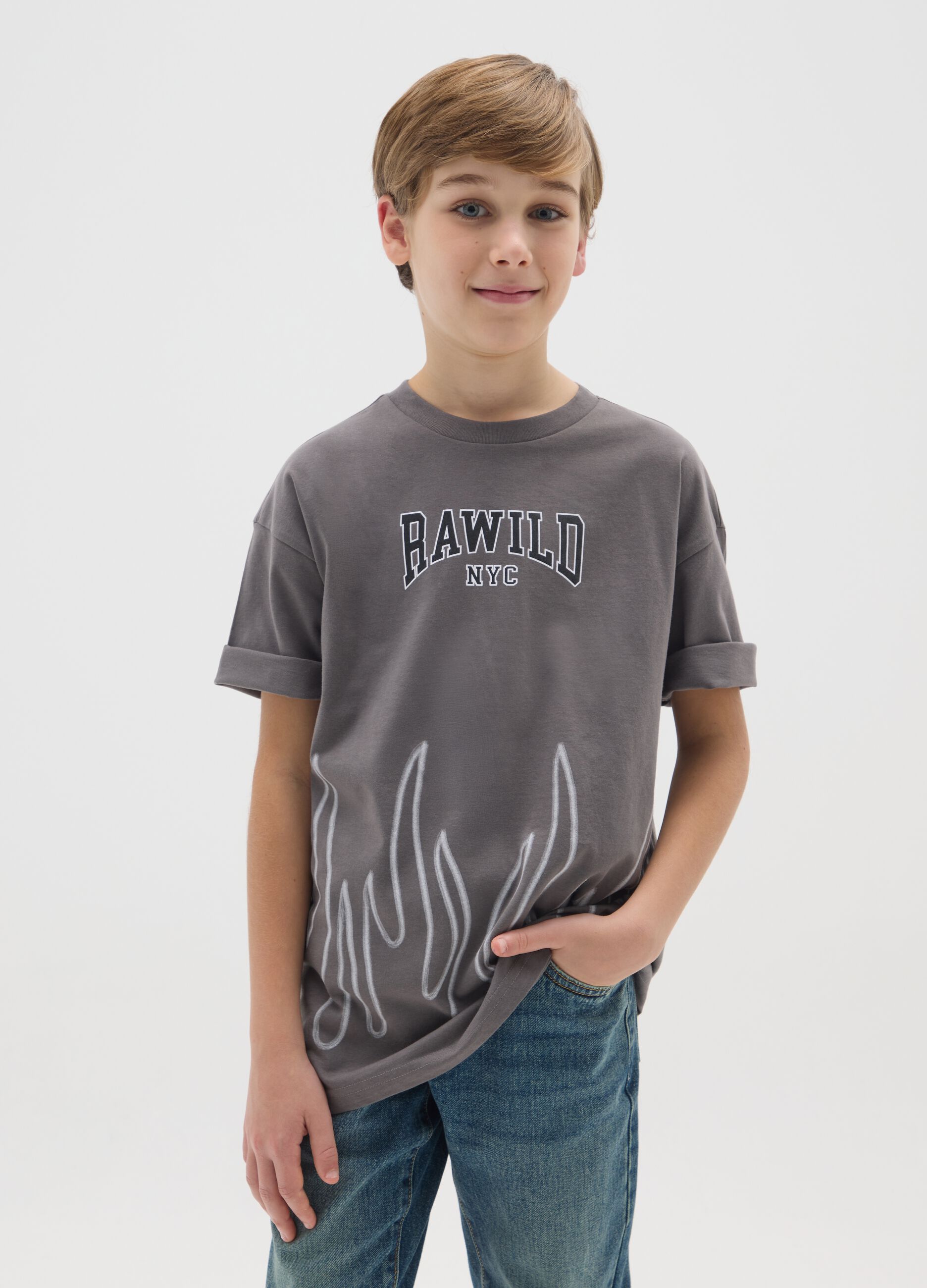 Grey regular fit children's cotton t-shirt with print