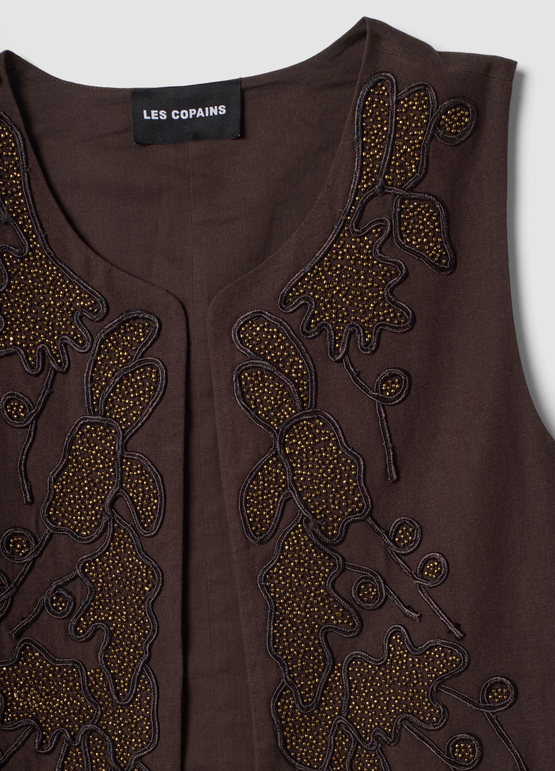 Brown cotton-linen blend waistcoat with floral embroidery