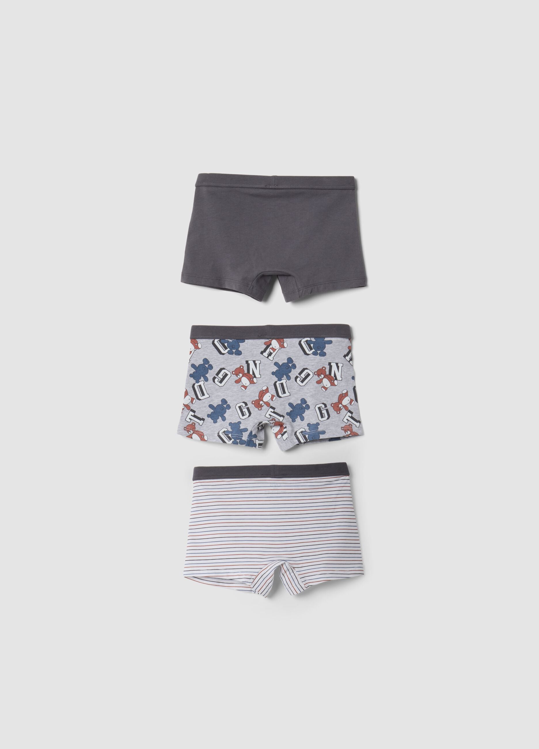 Tripack di boxer midi grigi in cotone organico elasticizzato con fantasia animali