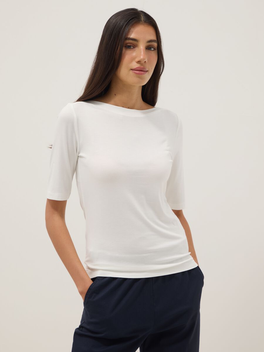 White stretch viscose regular fit boat neck t-shirt_2