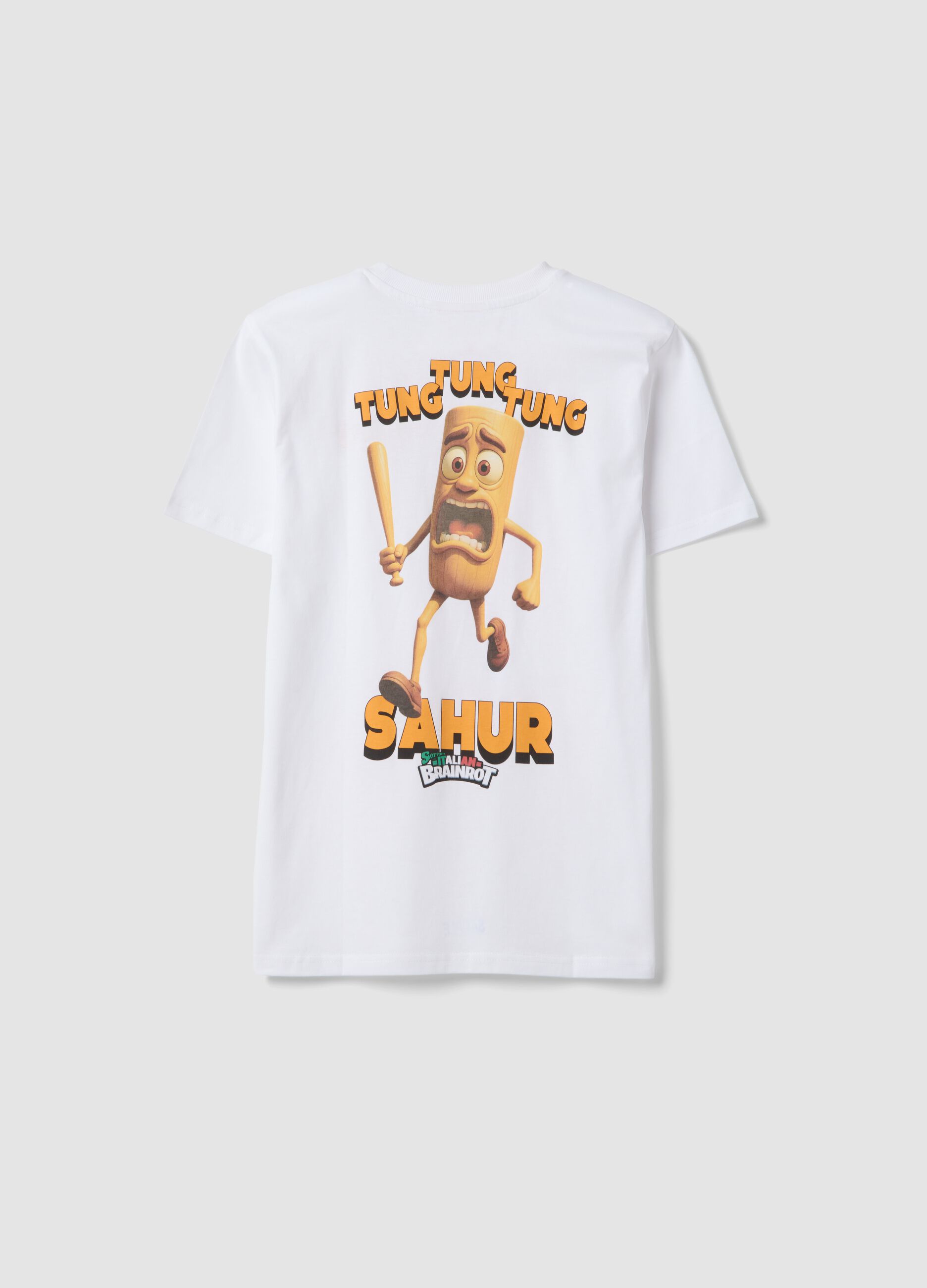 Boy's white pure cotton T-shirt, regular fit with prints