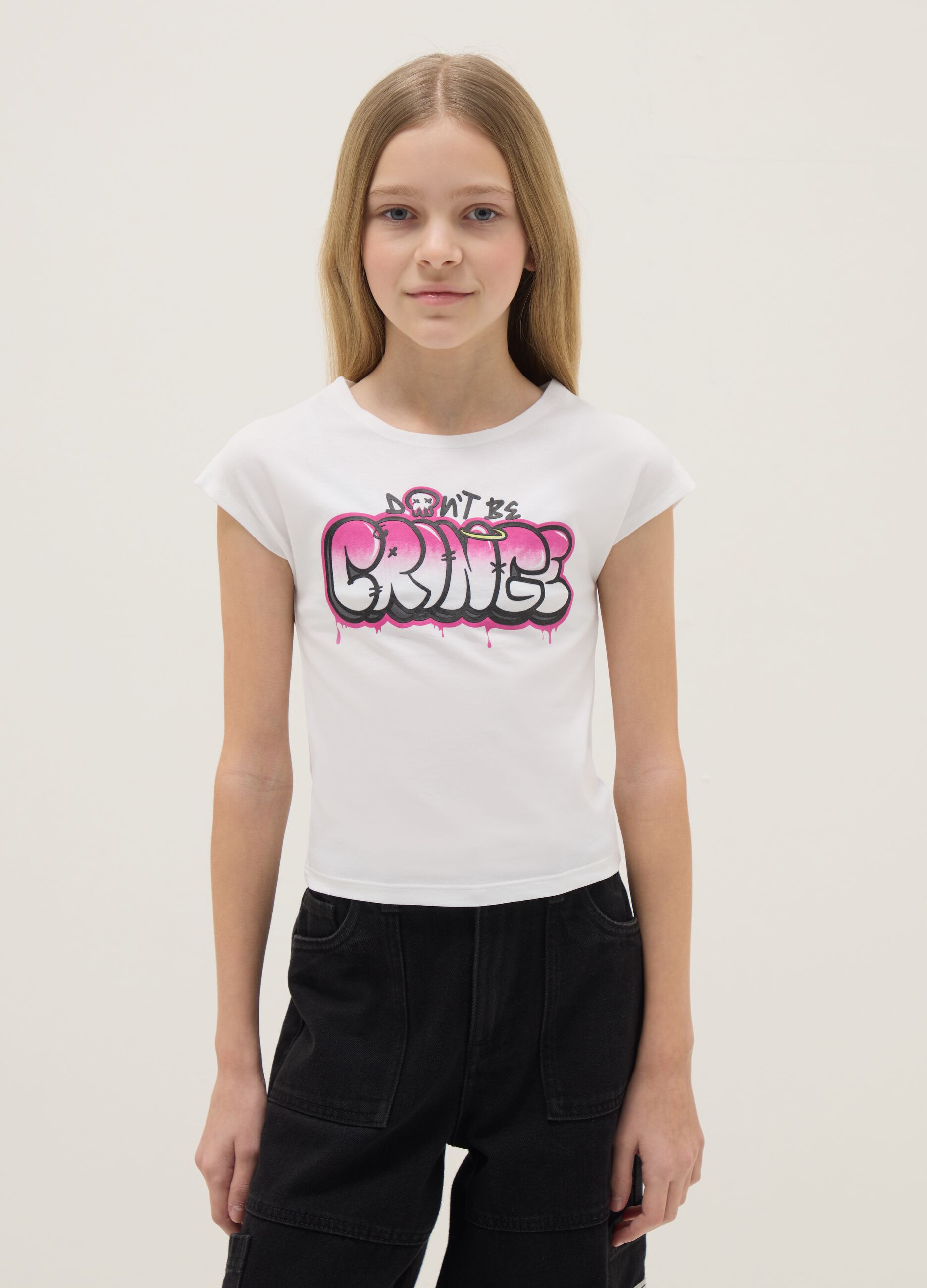 Girls' white stretch cotton slim fit t-shirt with print