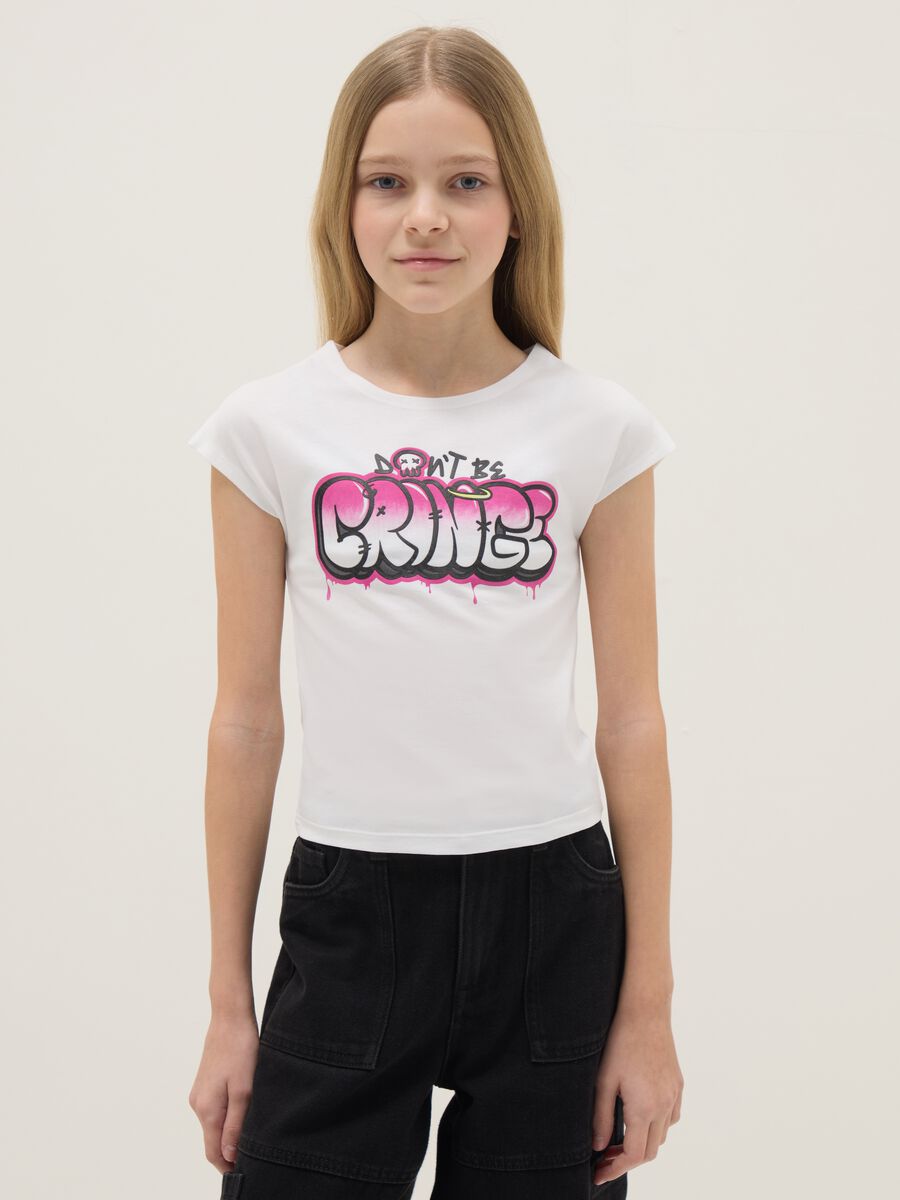 Girls' white stretch cotton slim fit t-shirt with print_0