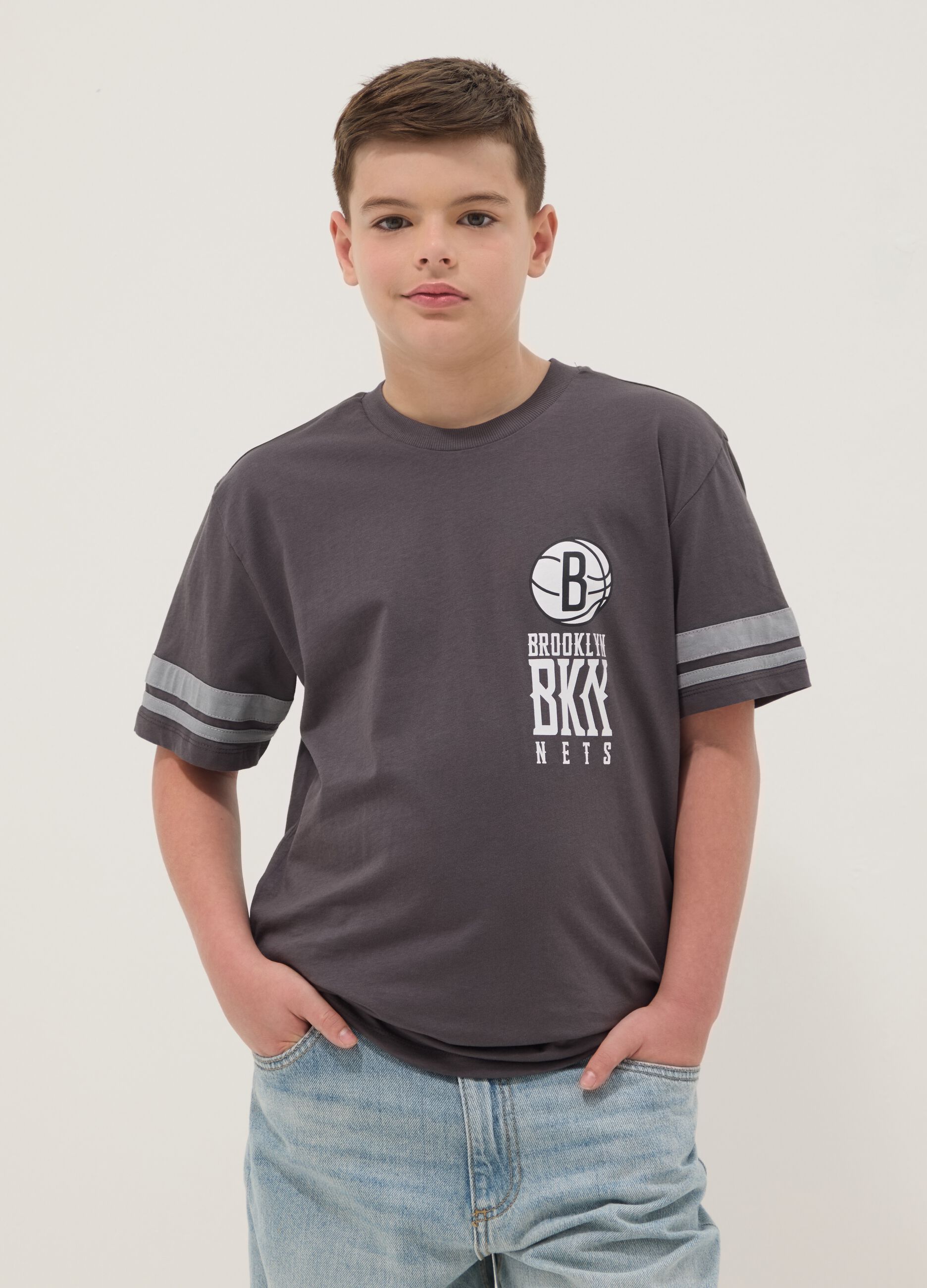 Boy's grey pure cotton t-shirt relaxed fit Brooklyn Nets