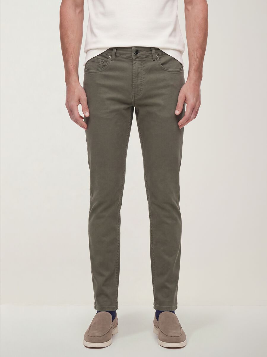 Green slim-fit stretch cotton dobby trousers_1
