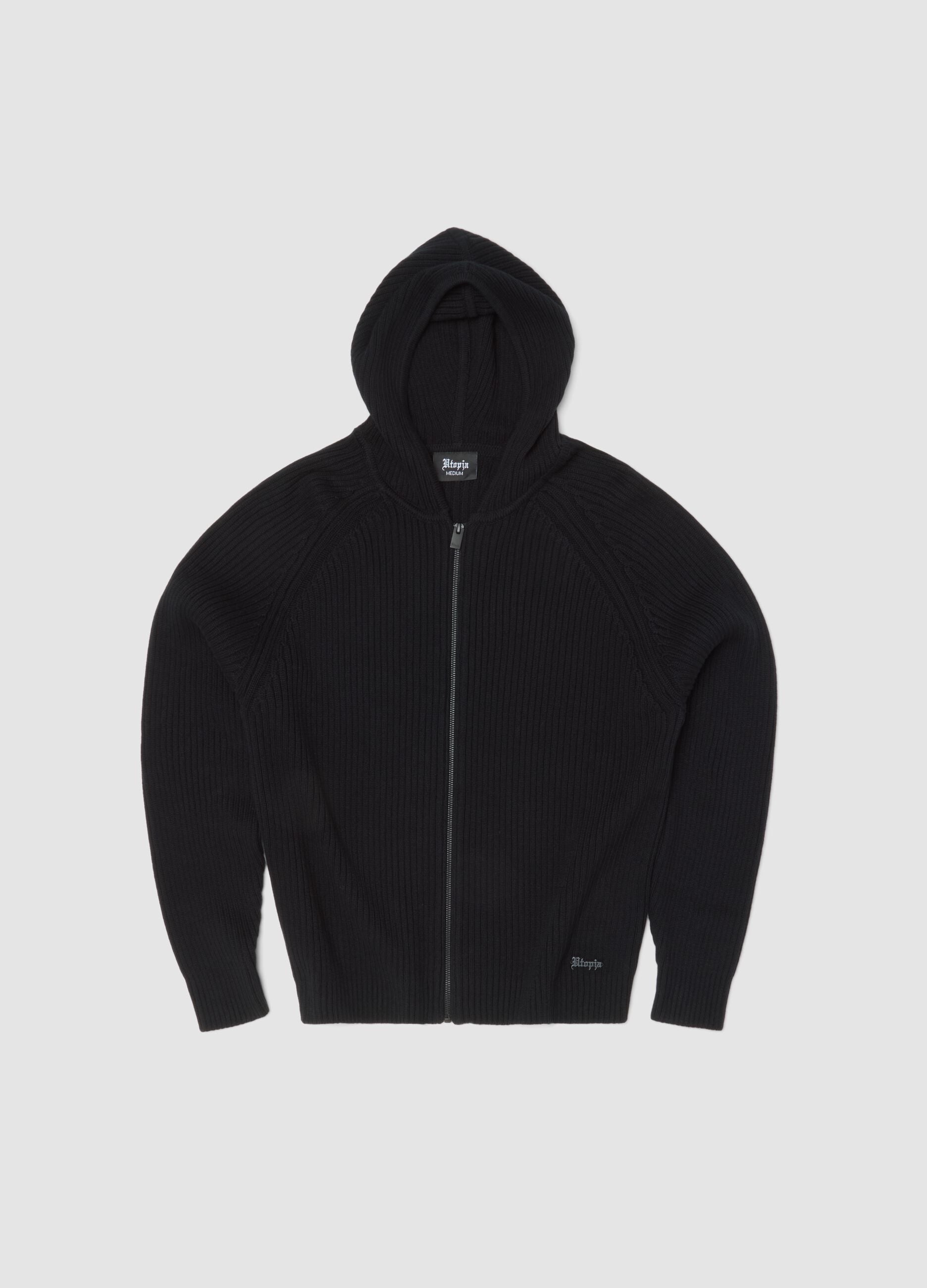 Black Ribbed Knit Hoodie