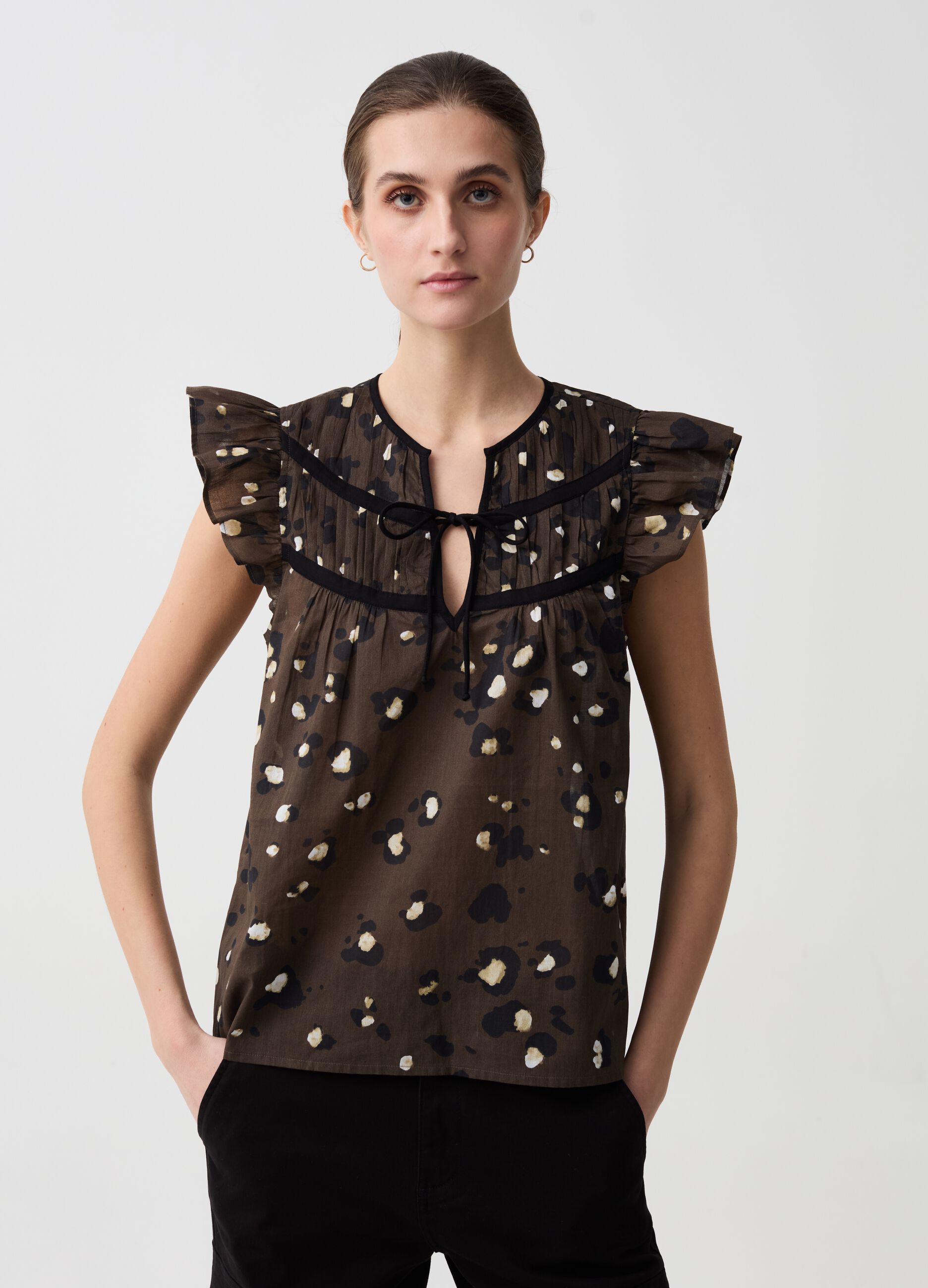 Printed blouse in voile with flounce