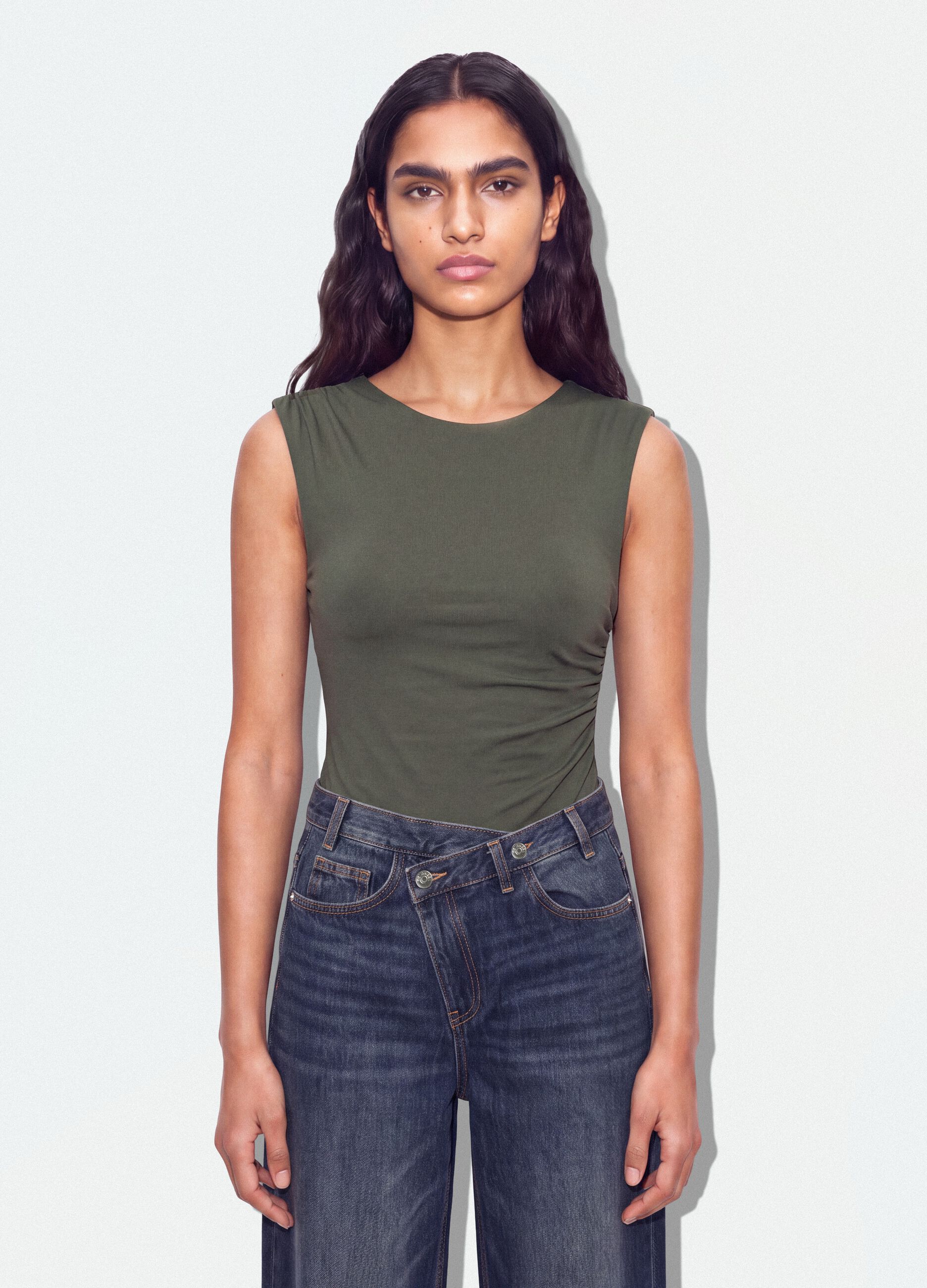 Green stretch jersey bodysuit with ruching, regular fit