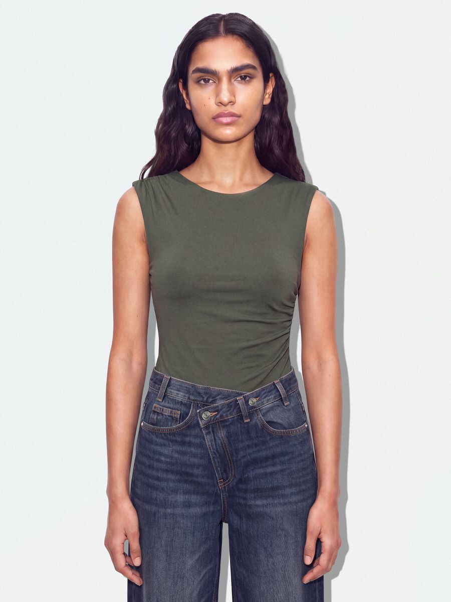 Green stretch bodysuit with ruching, regular fit_0
