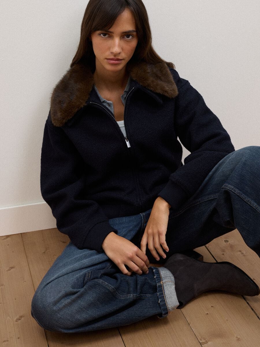 Blue wool-blend jacket with faux-fur effect collar_0