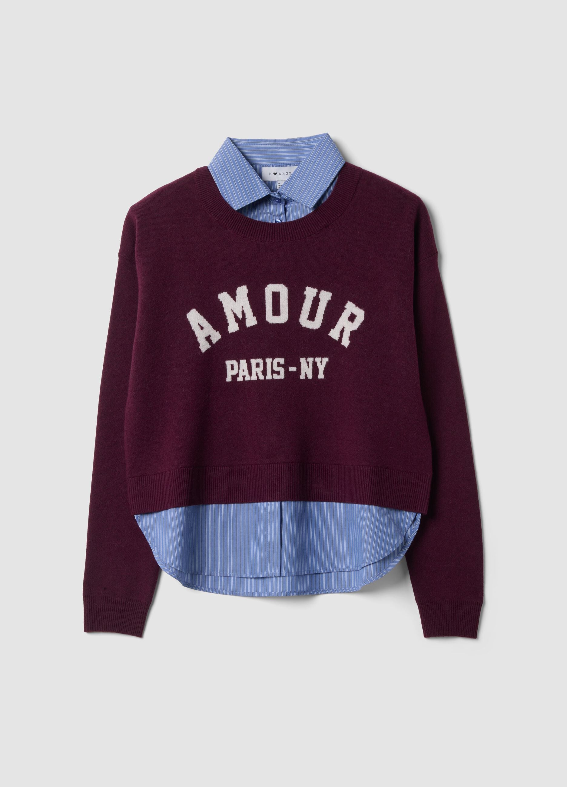 Purple viscose and wool-blend jumper with V-neck and shirt insert