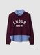 Purple viscose and wool-blend jumper with V-neck and shirt insert_4