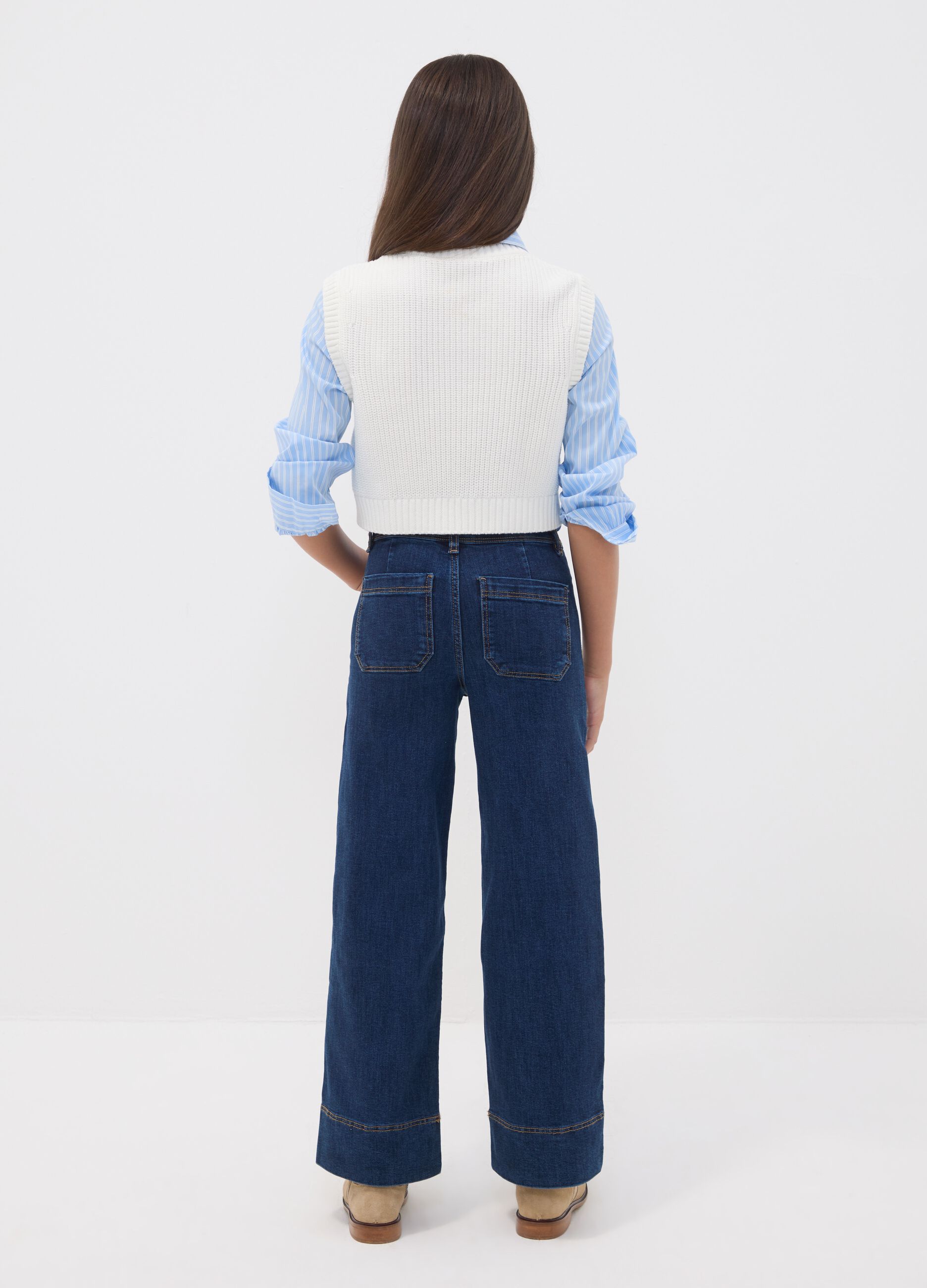 Girls' blue culotte jeans in stretch cotton