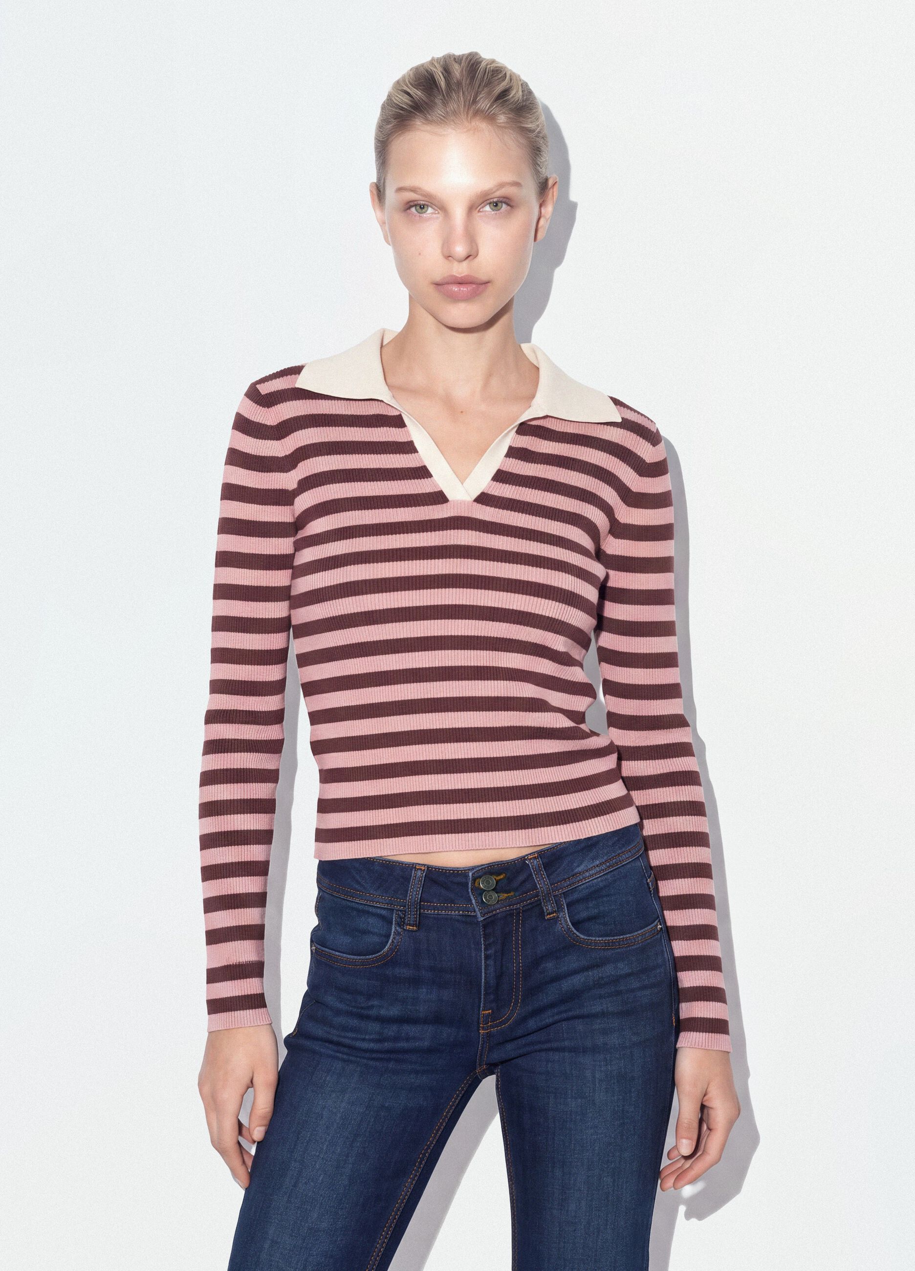 Multicolour striped viscose-blend fitted polo-collar knit top