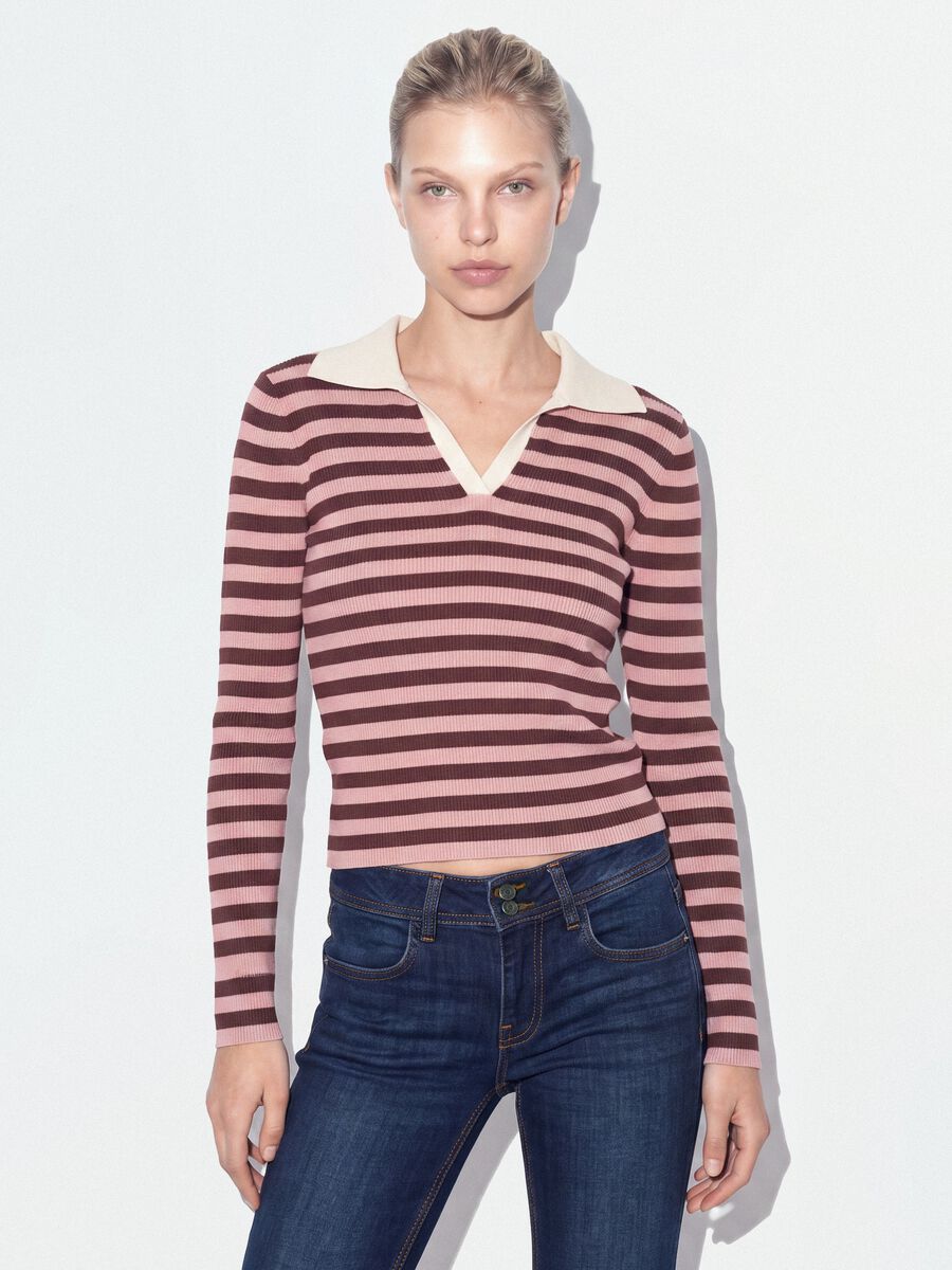 Multicolour striped viscose-blend fitted polo-collar knit top_0