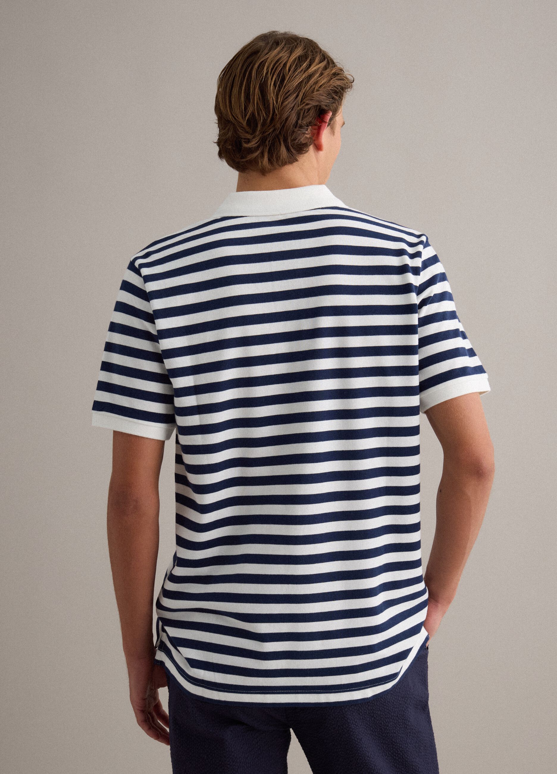Blue and White Striped Pure Cotton Polo Shirt