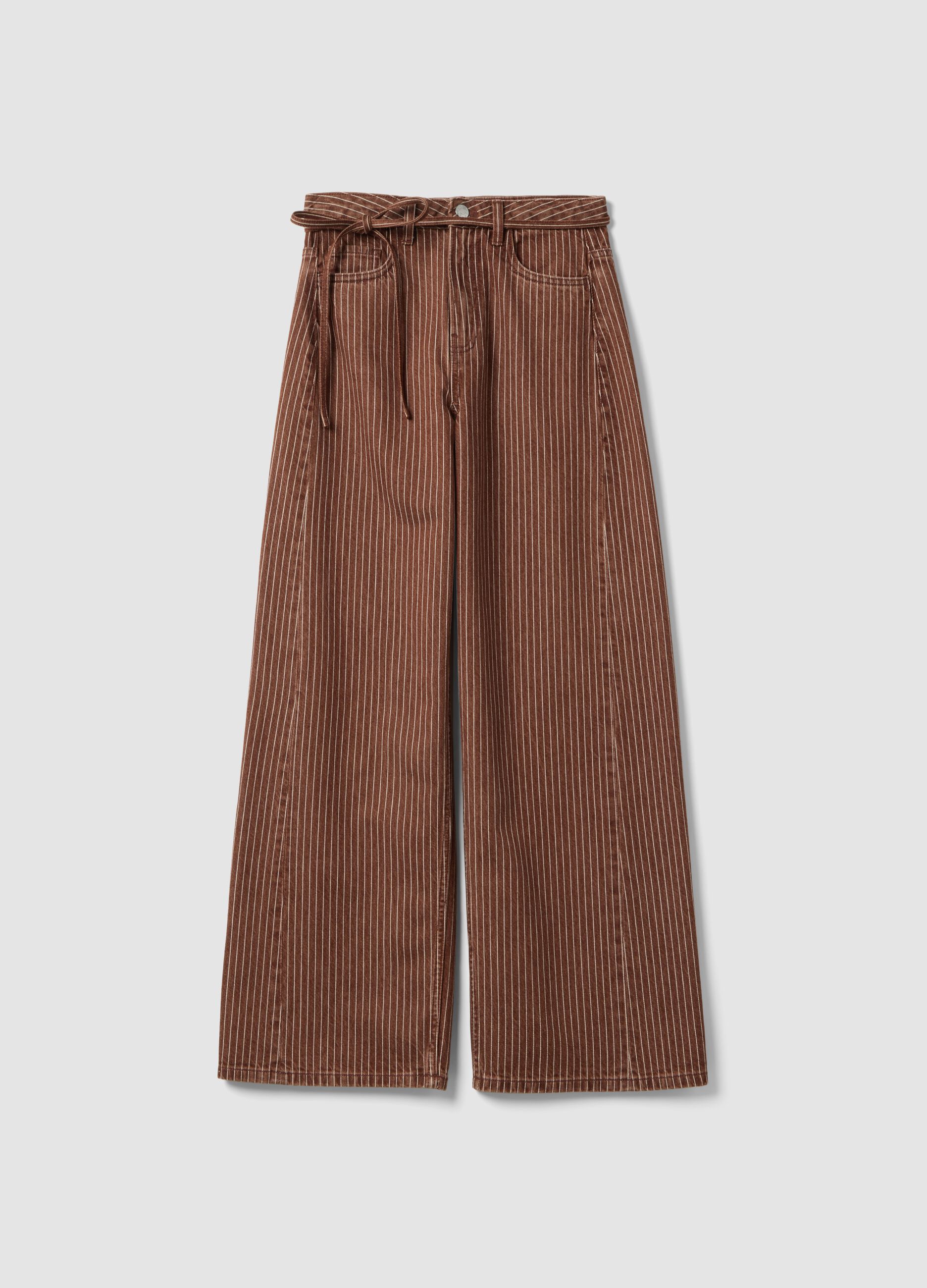 Braun gestreifte Wide-Leg-Hose aus reiner Baumwolle