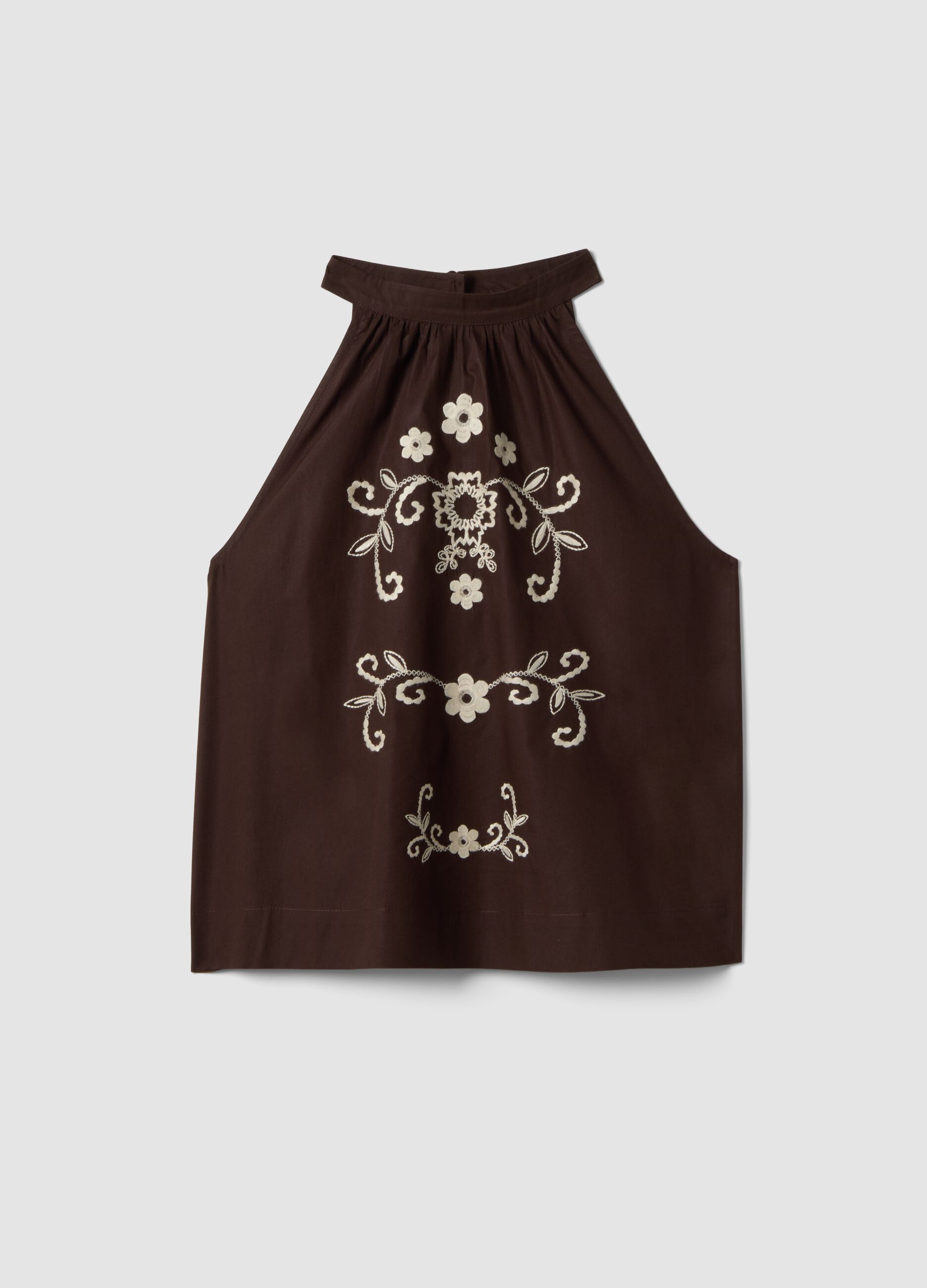 Brown pure cotton blouse regular fit with floral embroidery